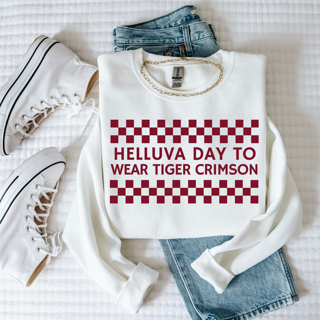 Crewneck Sweatshirt — "Helluva Day to Wear Tiger Crimson" Checkerboard Pullover