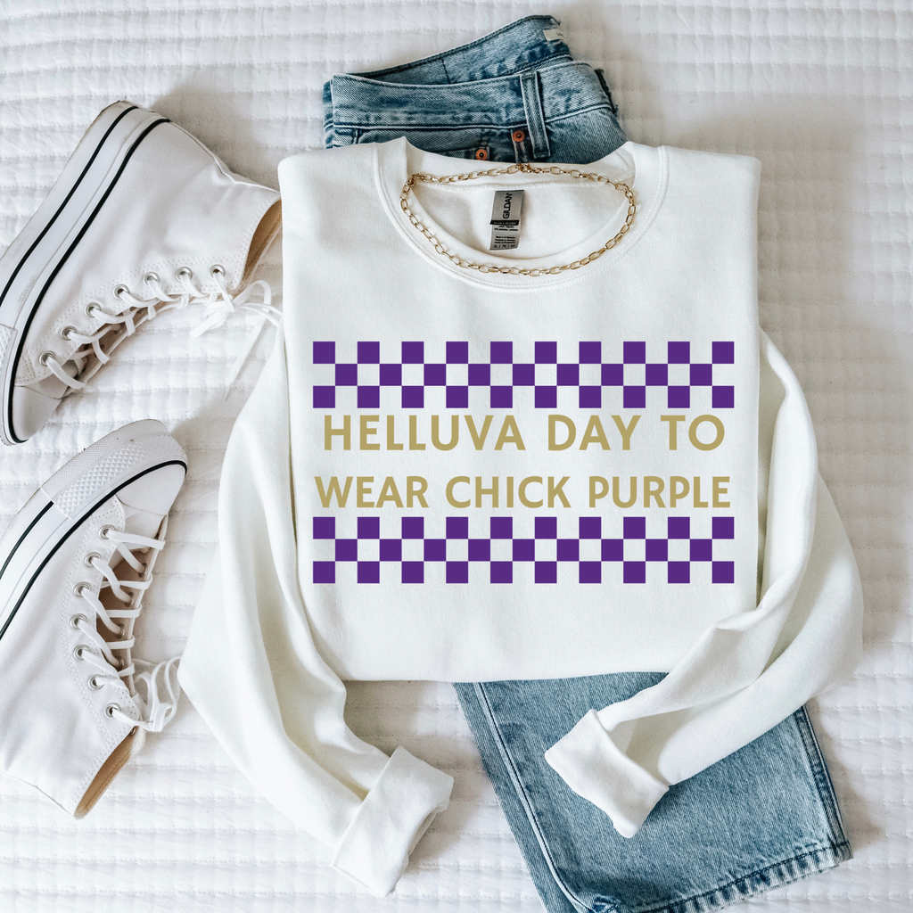Helluva Day to Wear Chick Purple Checkerboard Graphic Sweatshirt