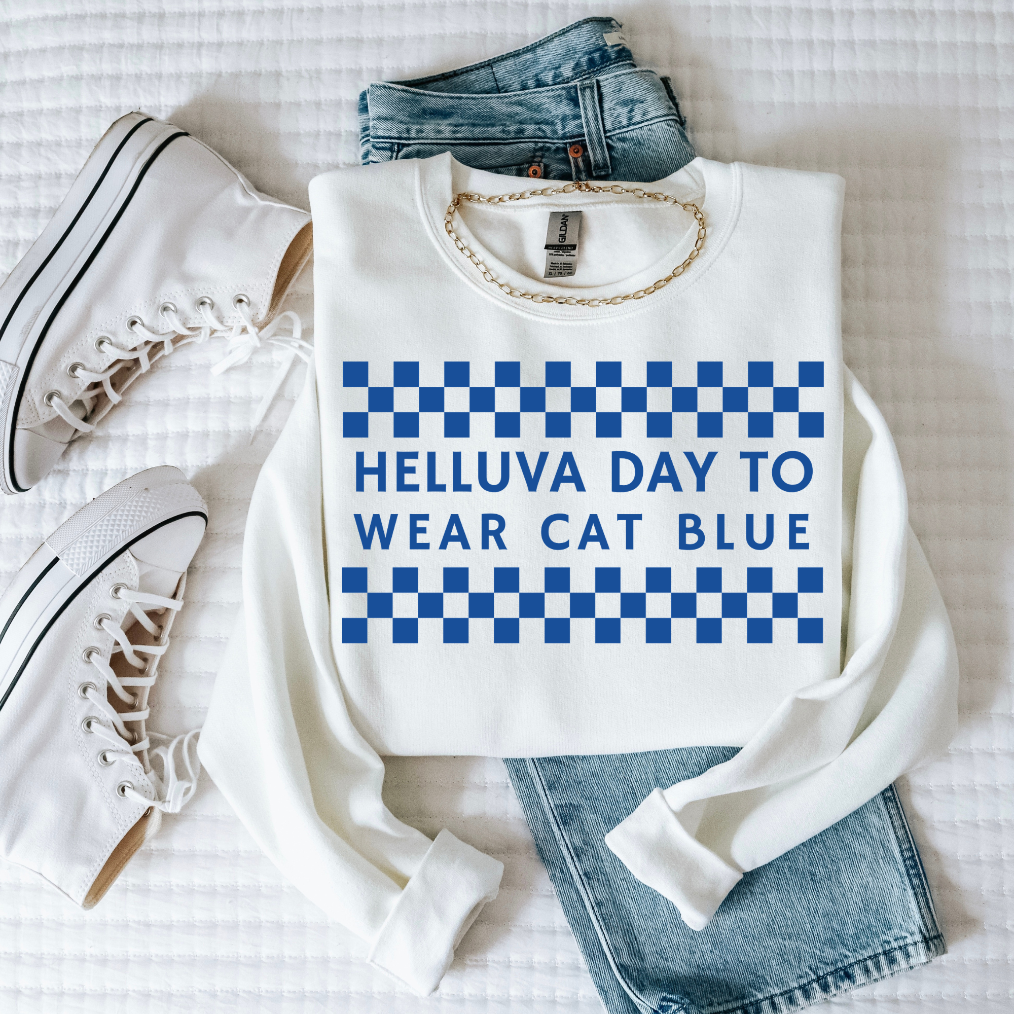 Helluva Day to Wear Cat Blue Checkered Graphic Sweatshirt