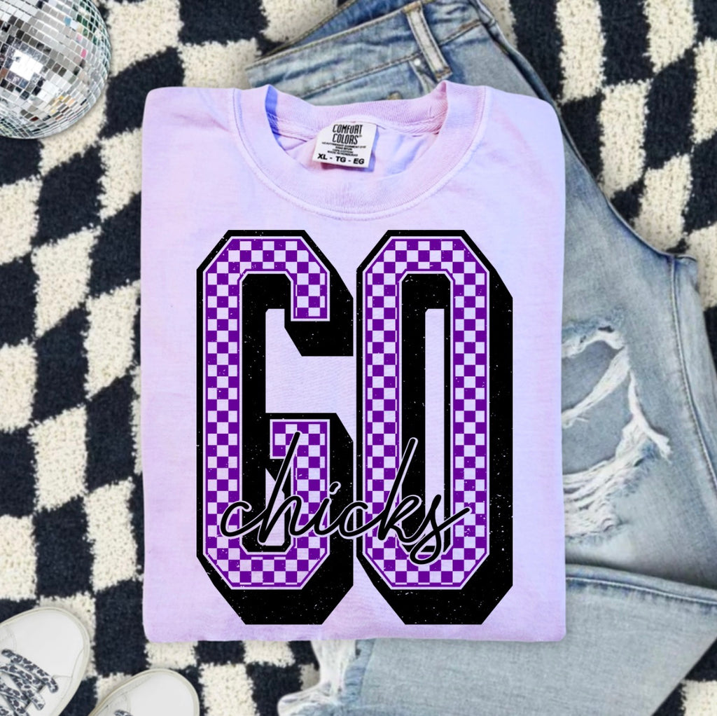 GO Chicks Checkerboard Graphic T-Shirt — Retro Purple "Go, Baby" Design