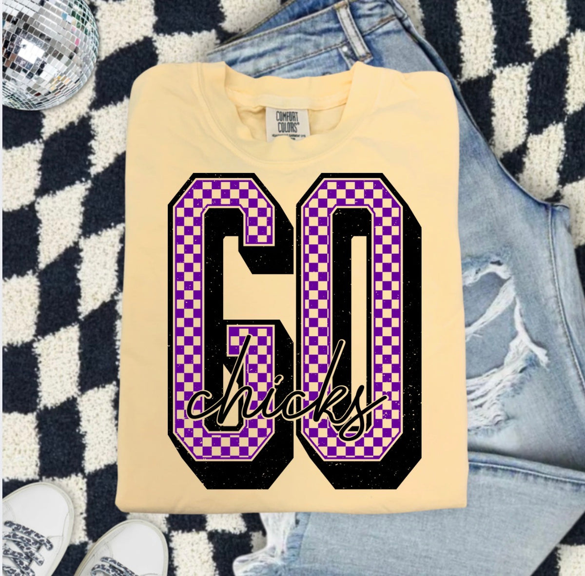 GO Chicks Checkerboard Graphic T-Shirt — Retro Purple "Go, Baby" Design