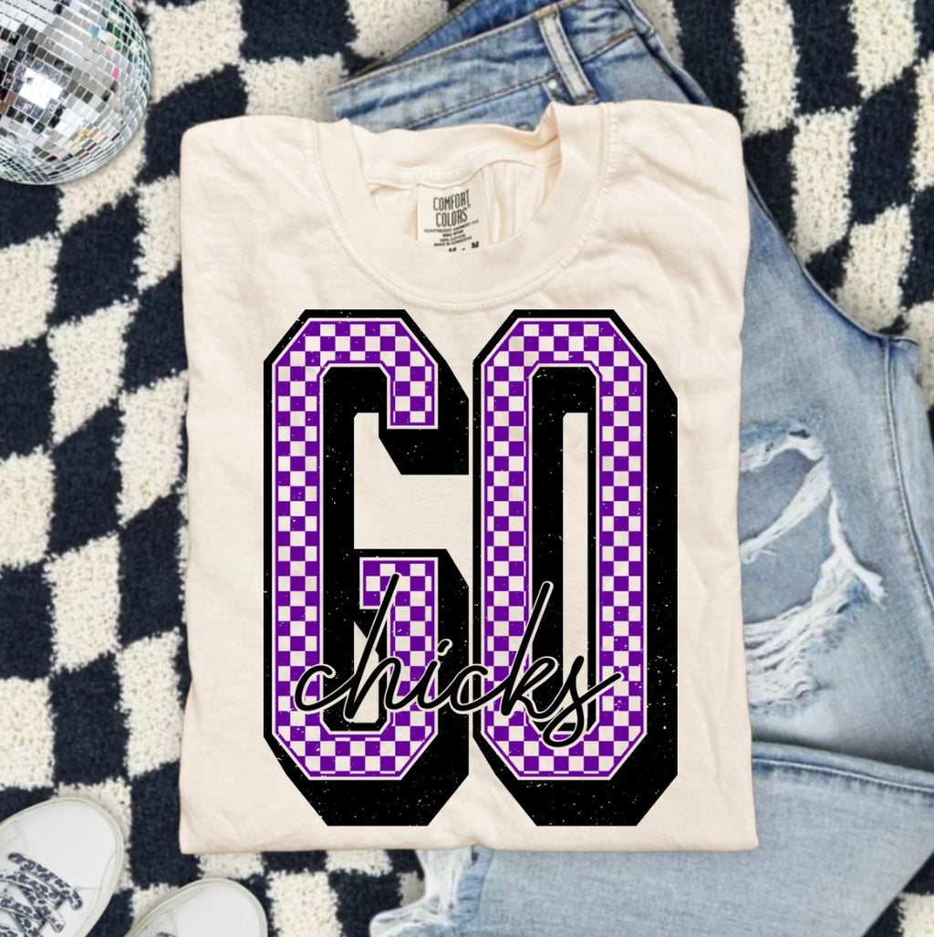 GO Chicks Checkerboard Graphic T-Shirt — Retro Purple "Go, Baby" Design