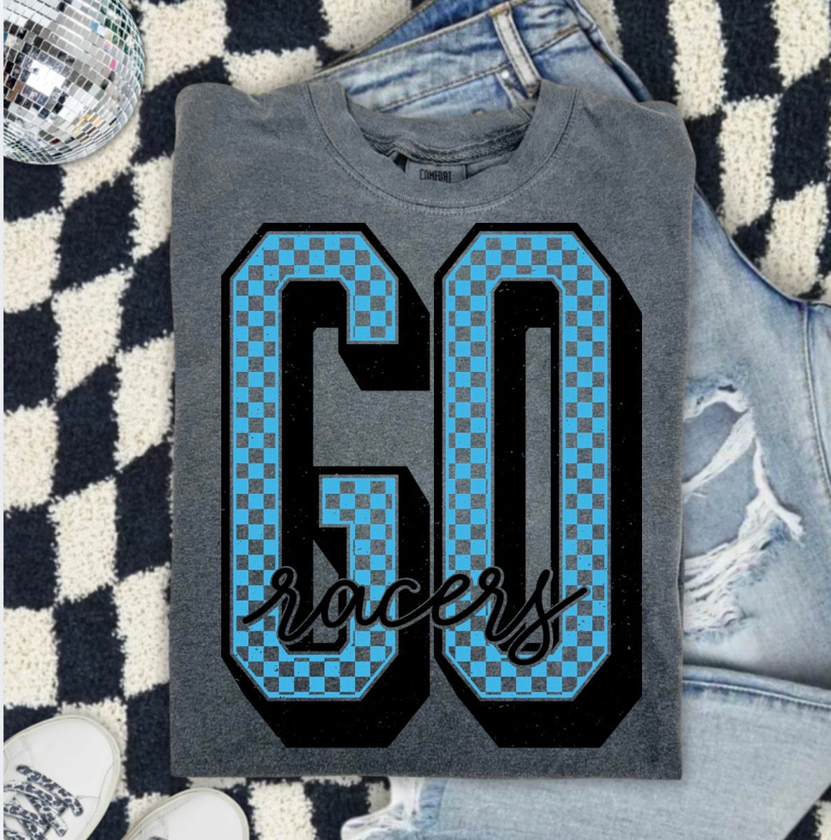 GO Racers T‑Shirt — Retro Checkered Racing Graphic Tee