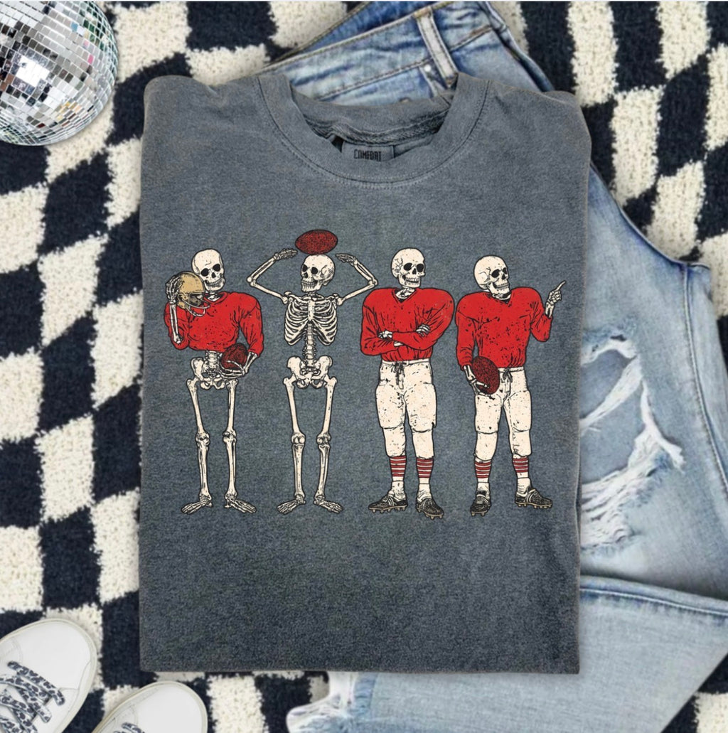Skeleton Football Team Graphic T-Shirt — Vintage Sports Halloween Tee