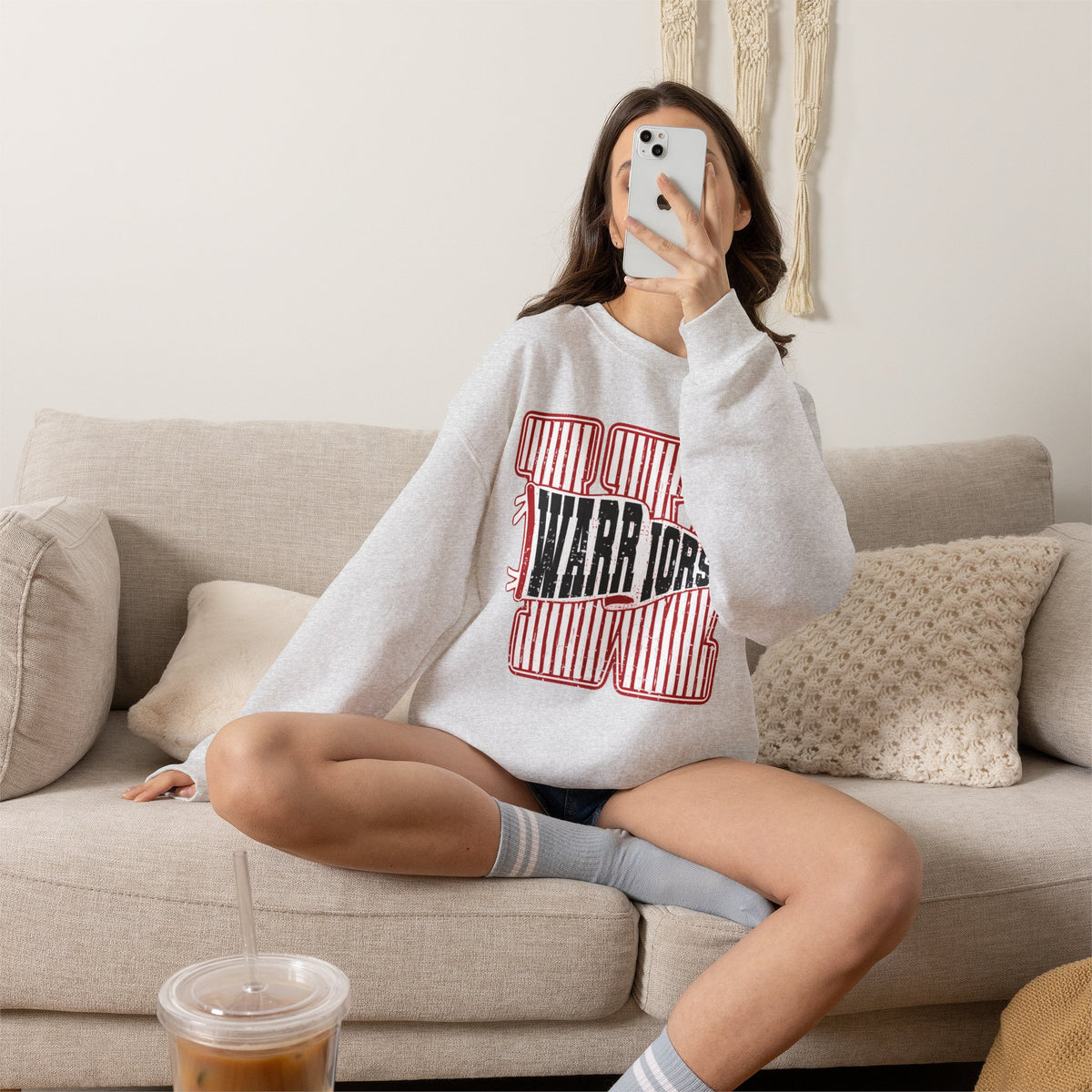 Warriors Crewneck Sweatshirt — Vintage Red Stripe School Spirit Pullover