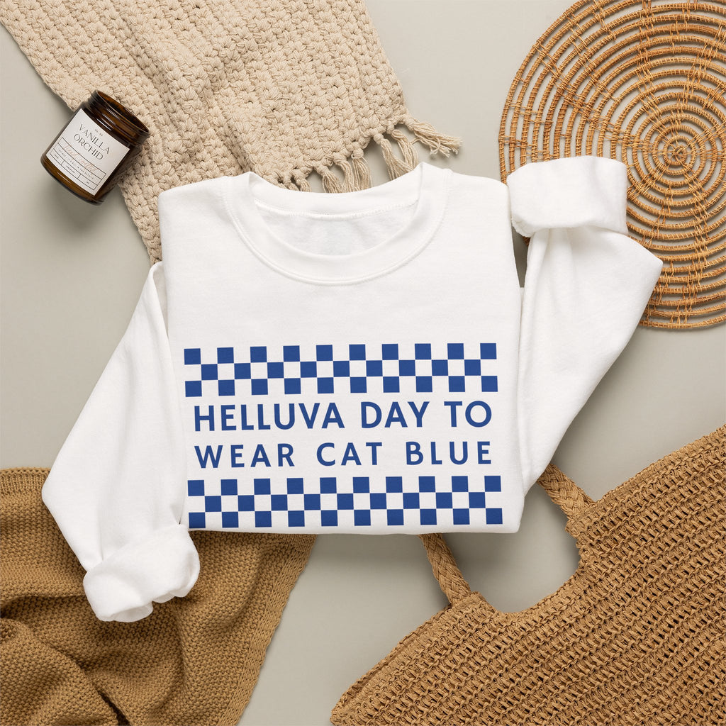 Helluva Day to Wear Cat Blue Checkered Graphic Sweatshirt