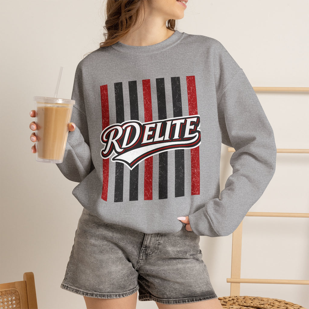 RD Elite Striped Crewneck Sweatshirt — Retro Red & Black Athletic Design