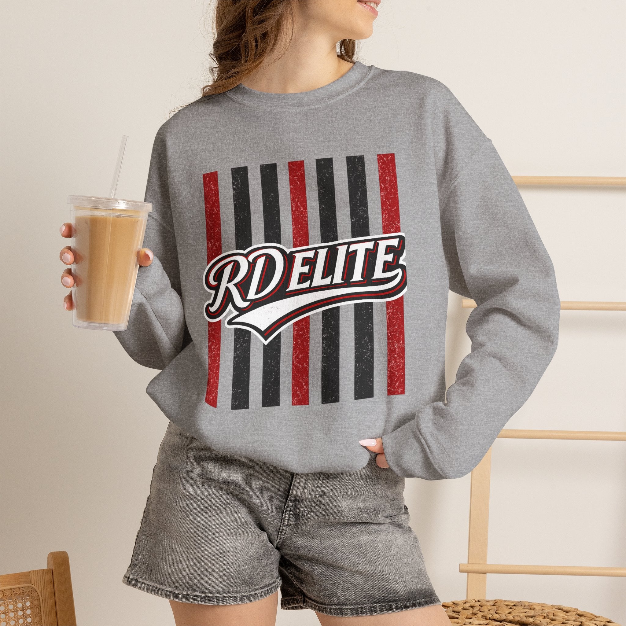 RD Elite Striped Crewneck Sweatshirt — Retro Red & Black Athletic Design