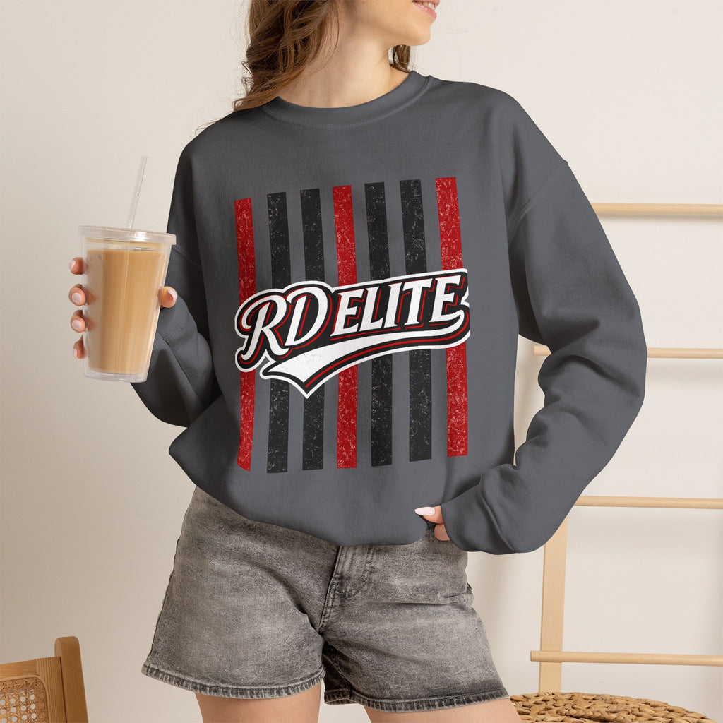 RD Elite Striped Crewneck Sweatshirt — Retro Red & Black Athletic Design