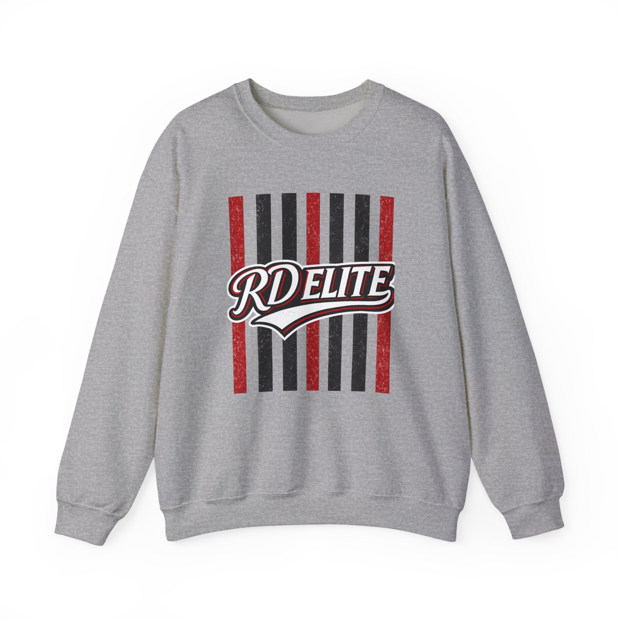 RD Elite Striped Crewneck Sweatshirt — Retro Red & Black Athletic Design