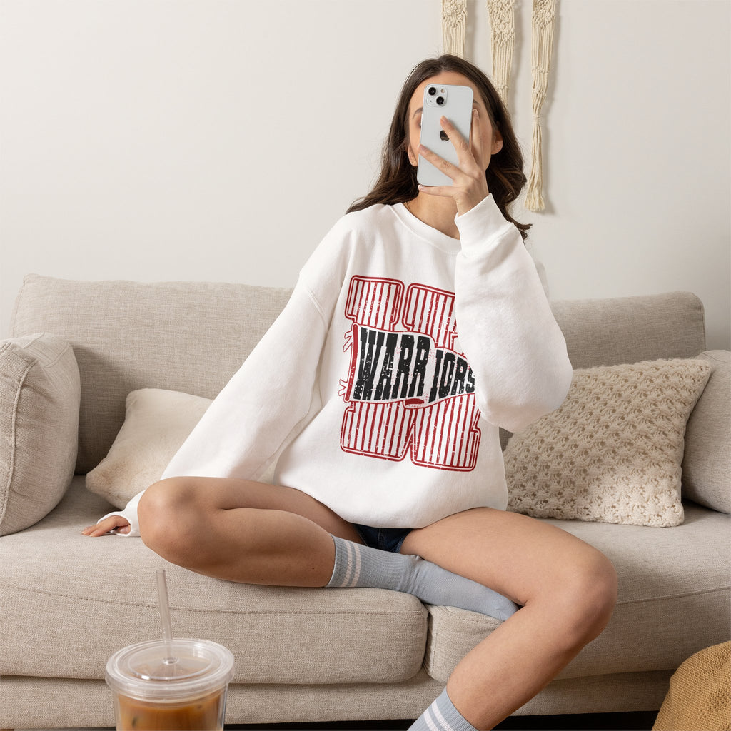 Warriors Crewneck Sweatshirt — Vintage Red Stripe School Spirit Pullover