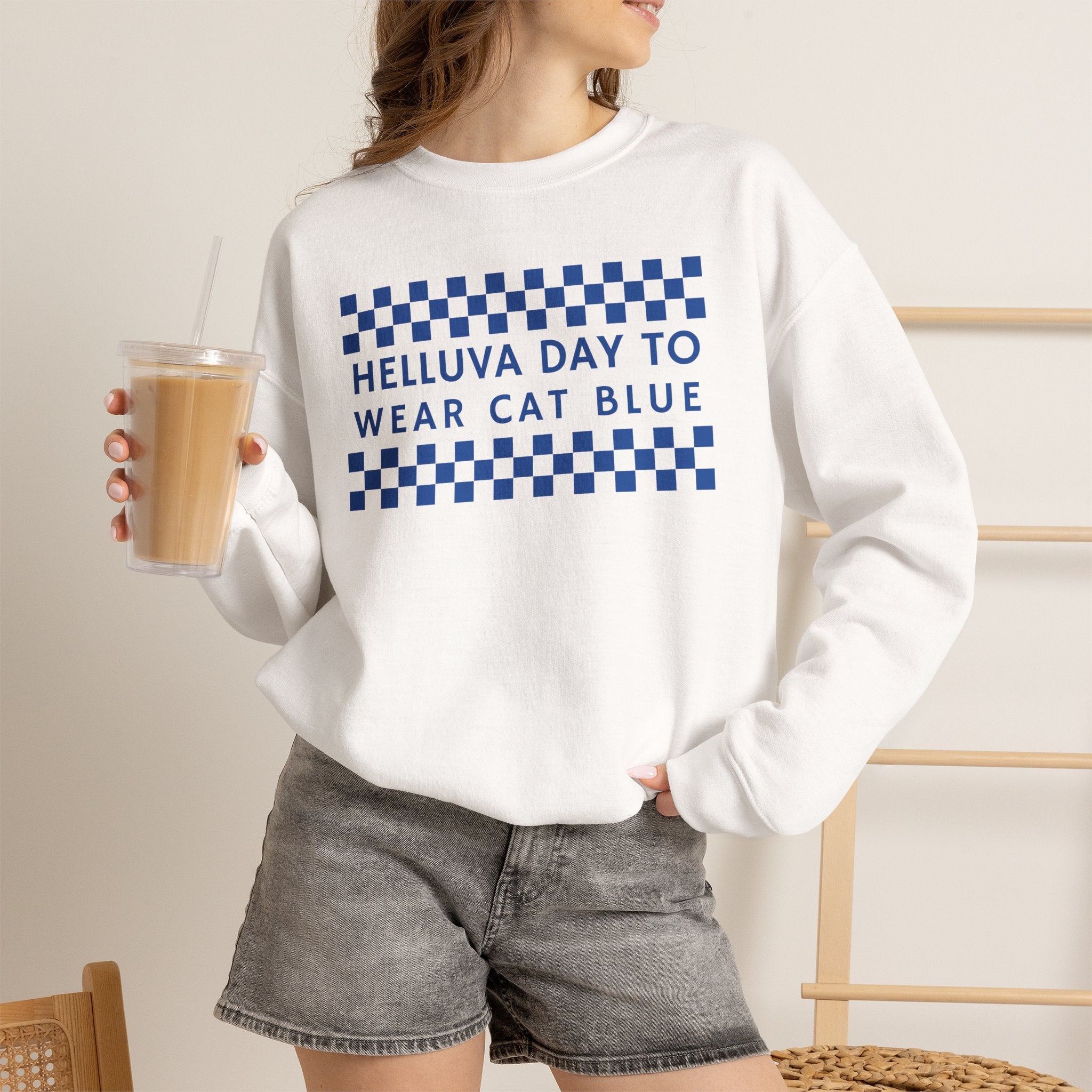 Helluva Day to Wear Cat Blue Checkered Graphic Sweatshirt