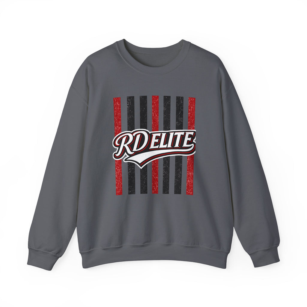 RD Elite Striped Crewneck Sweatshirt — Retro Red & Black Athletic Design