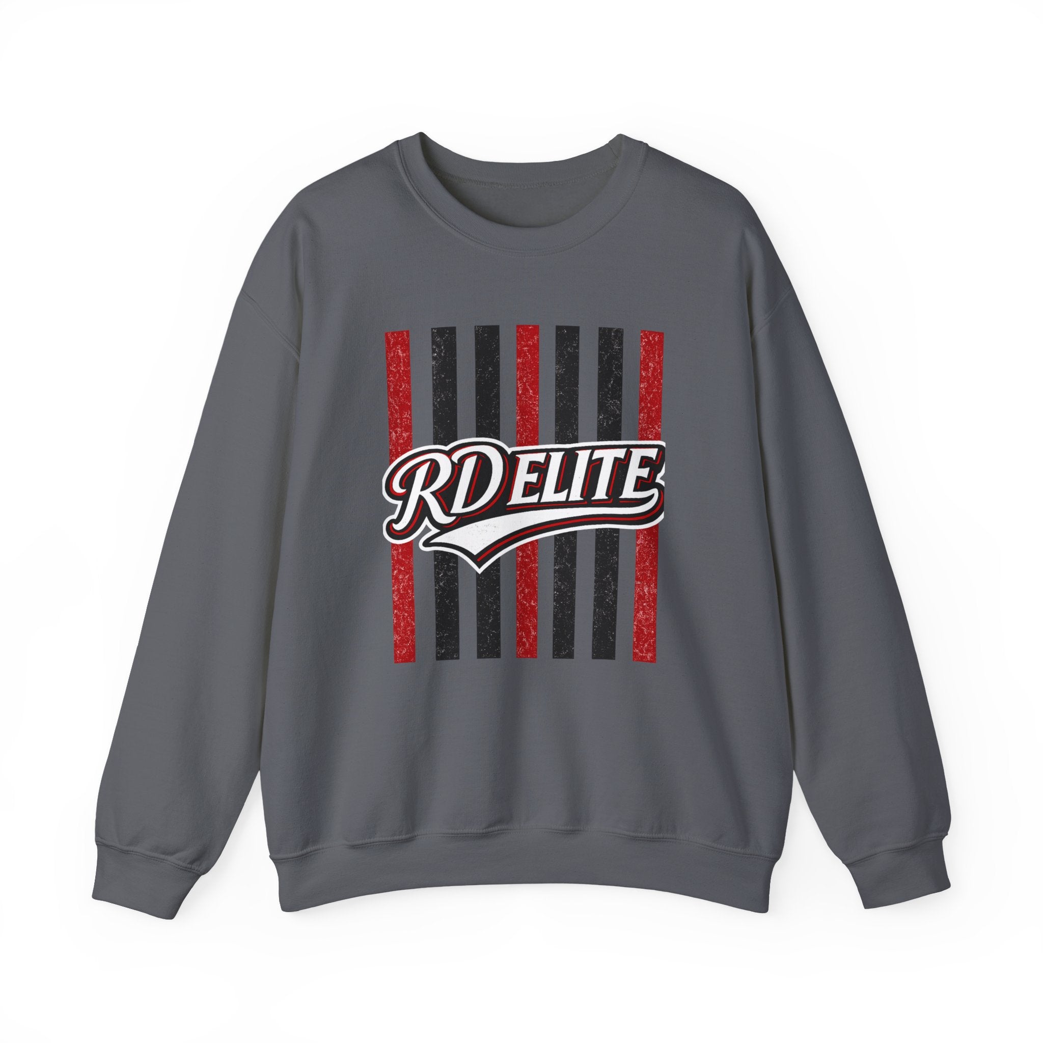RD Elite Striped Crewneck Sweatshirt — Retro Red & Black Athletic Design