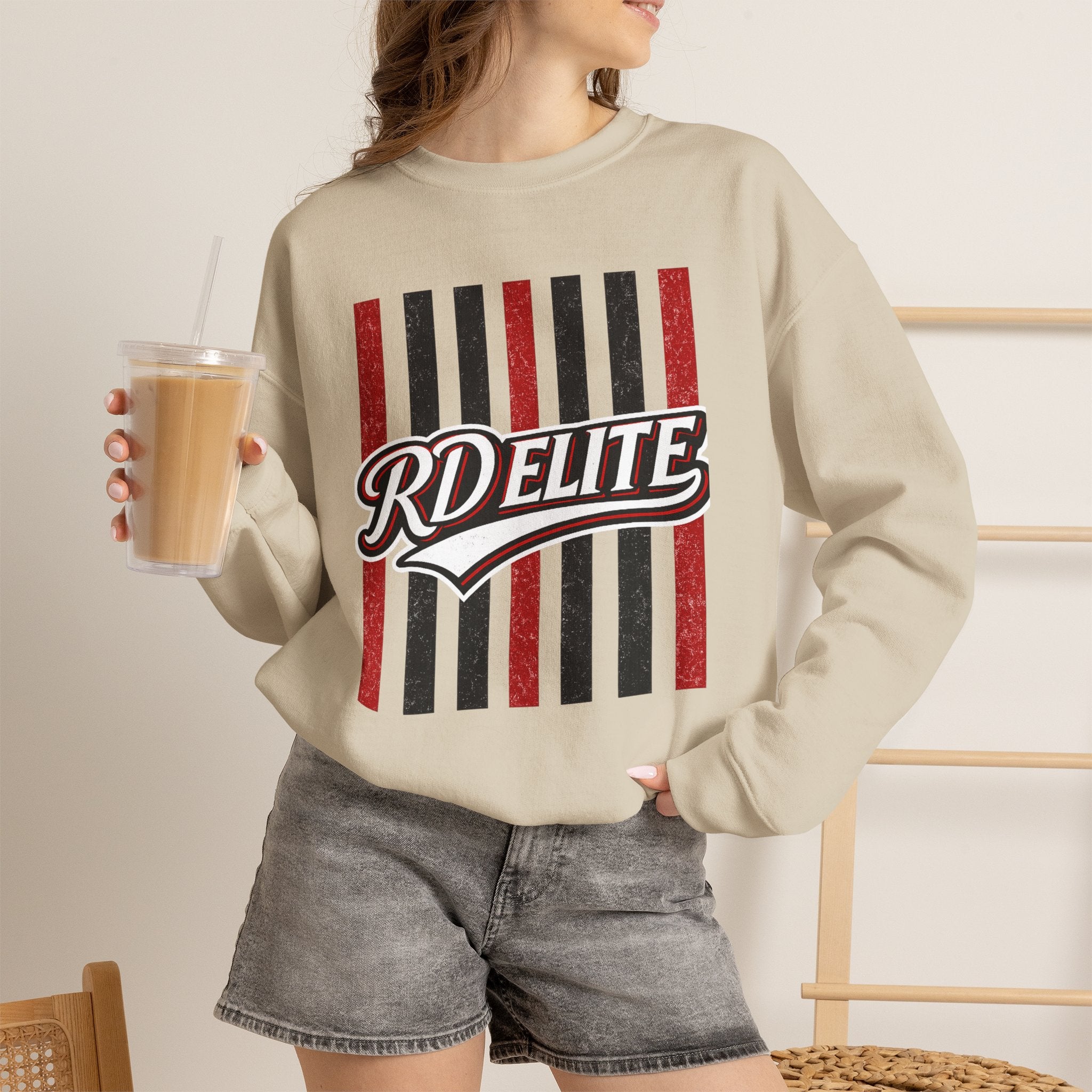 RD Elite Striped Crewneck Sweatshirt — Retro Red & Black Athletic Design