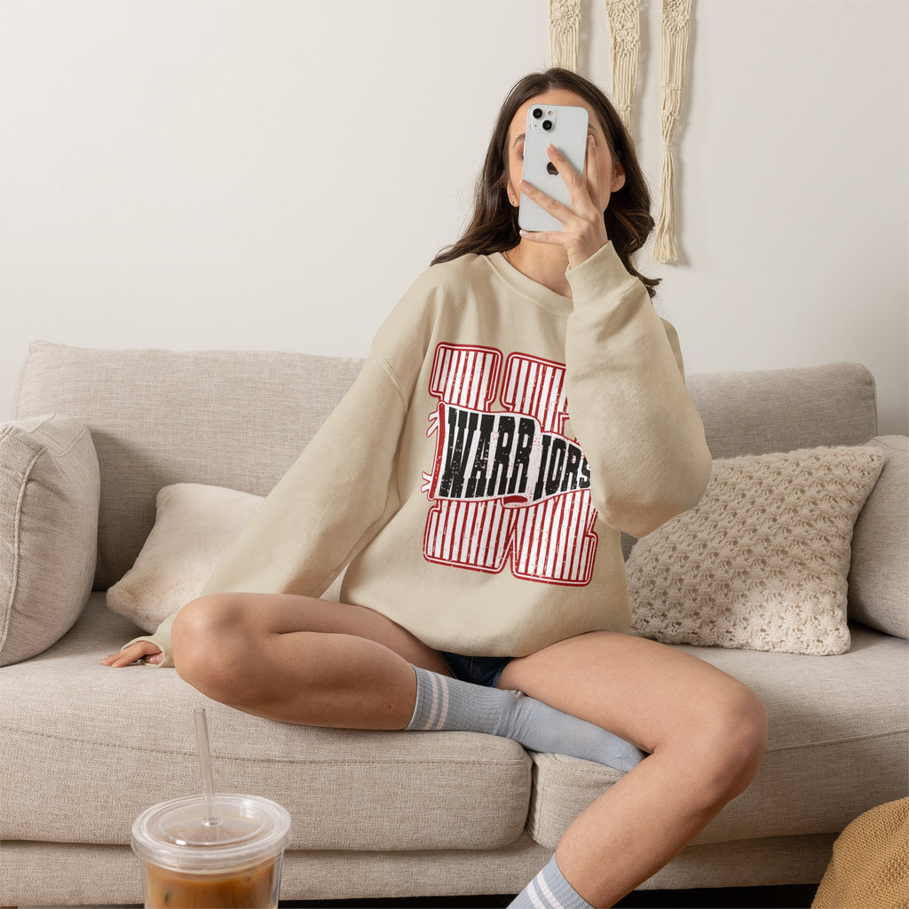 Warriors Crewneck Sweatshirt — Vintage Red Stripe School Spirit Pullover