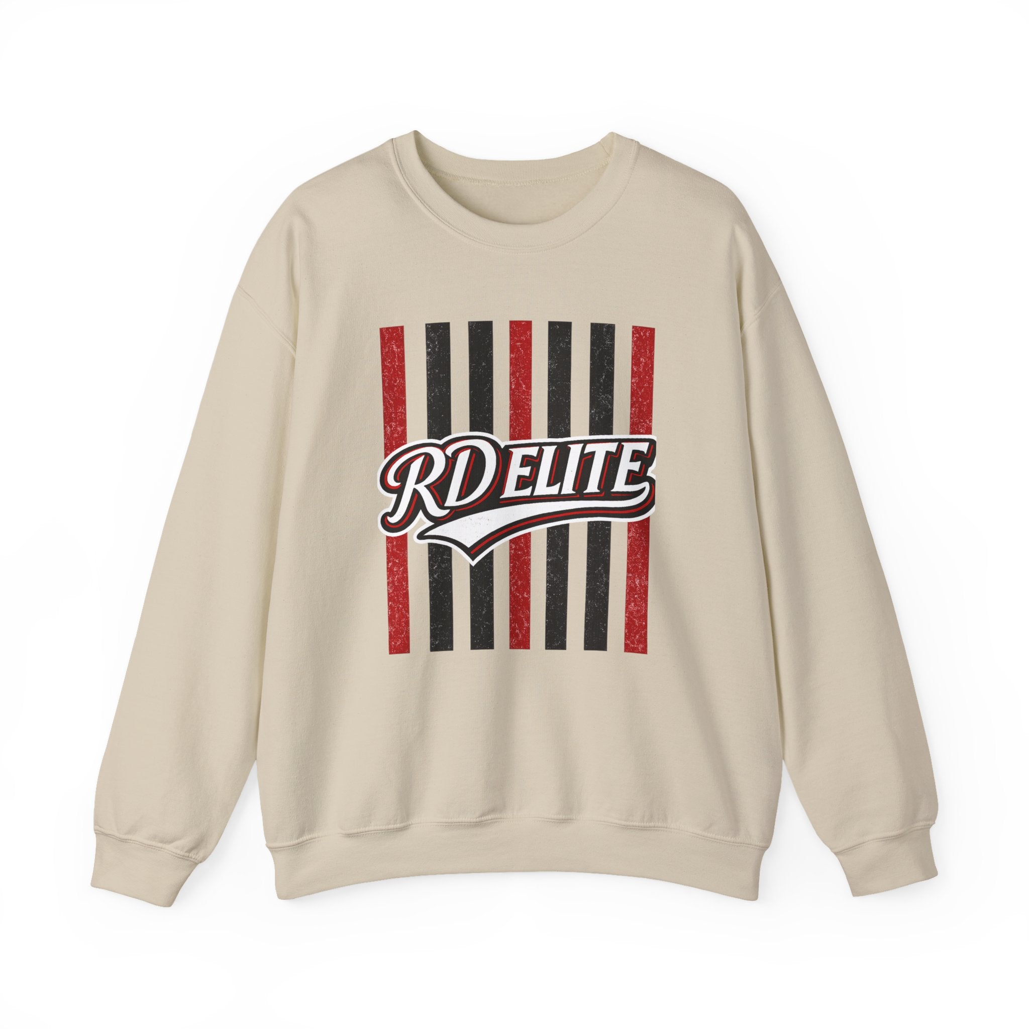 RD Elite Striped Crewneck Sweatshirt — Retro Red & Black Athletic Design