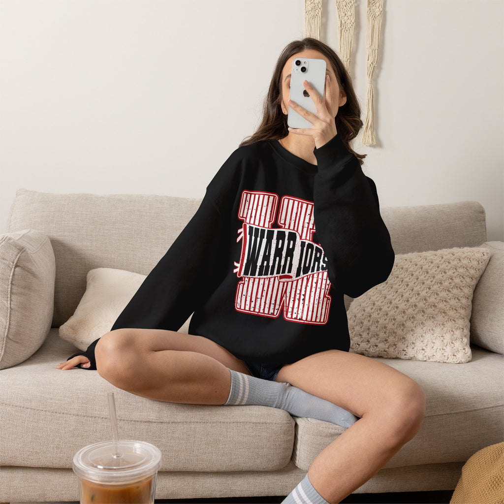 Warriors Crewneck Sweatshirt — Vintage Red Stripe School Spirit Pullover