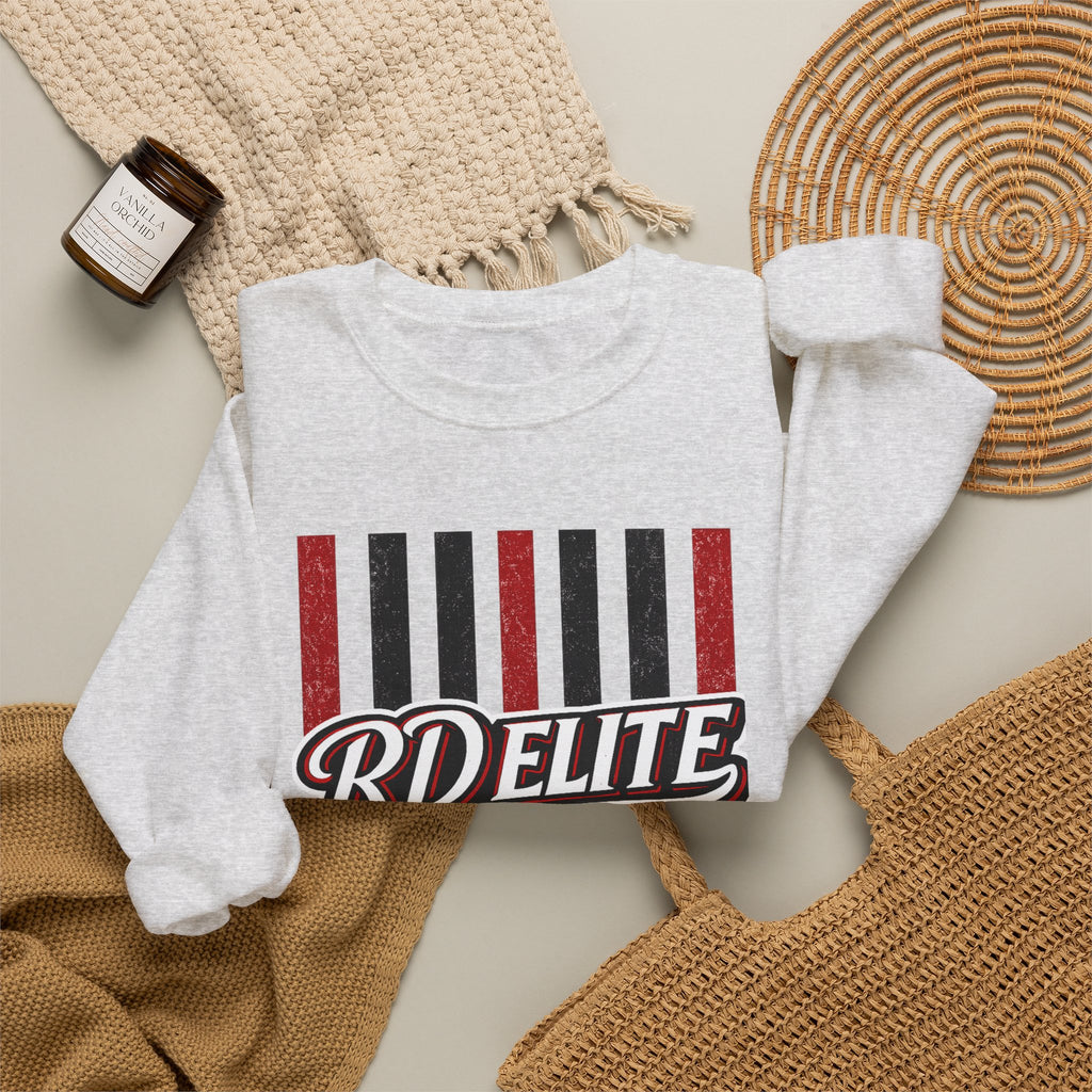 RD Elite Striped Crewneck Sweatshirt — Retro Red & Black Athletic Design