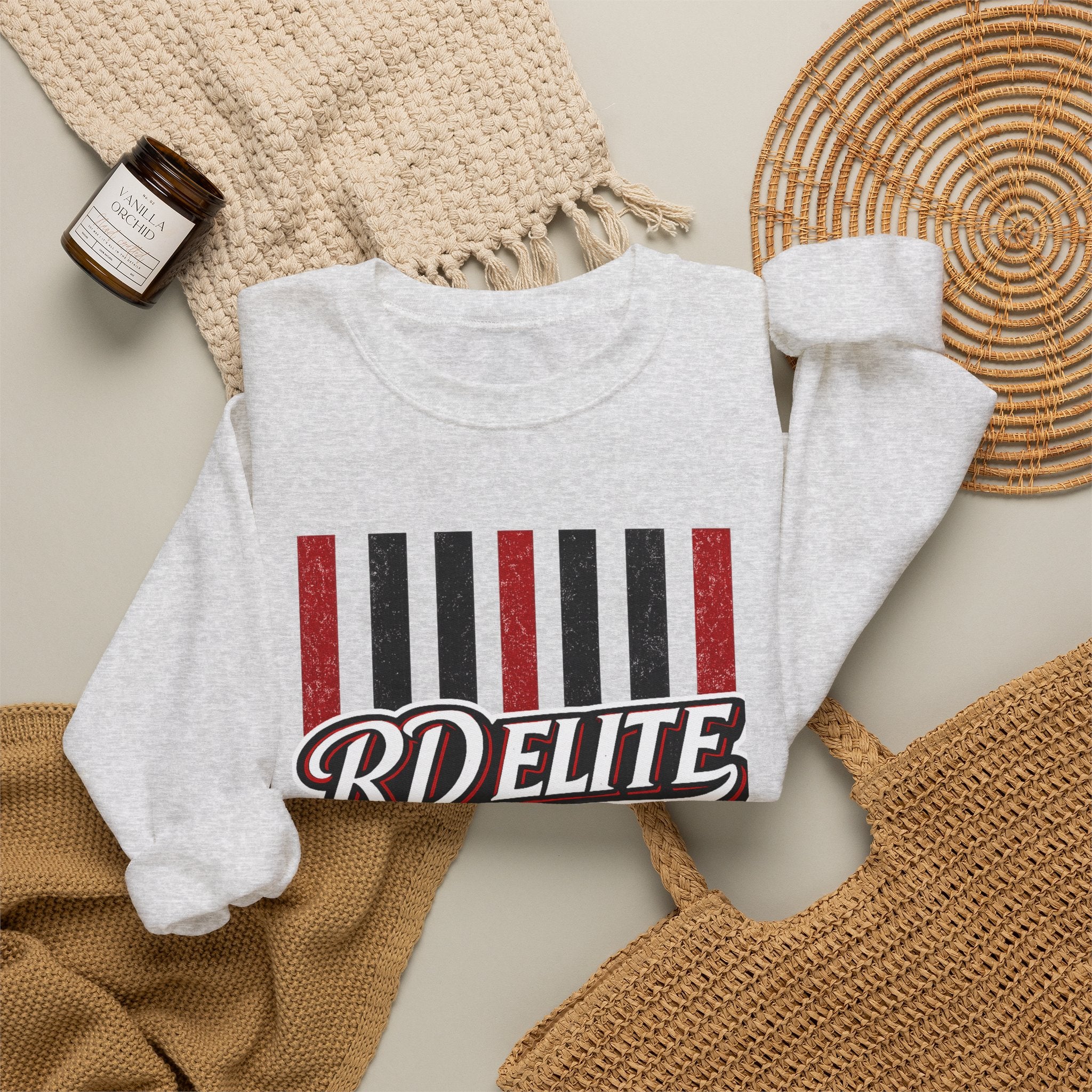 RD Elite Striped Crewneck Sweatshirt — Retro Red & Black Athletic Design