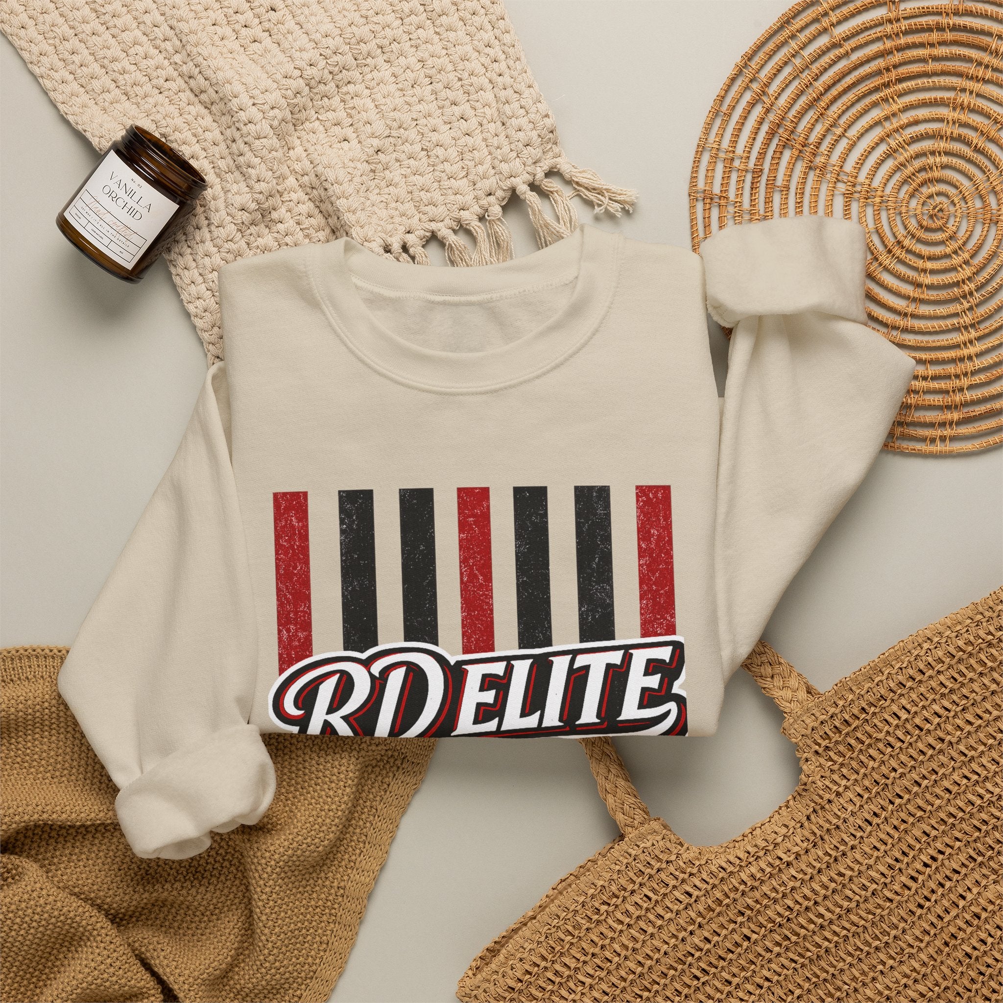 RD Elite Striped Crewneck Sweatshirt — Retro Red & Black Athletic Design