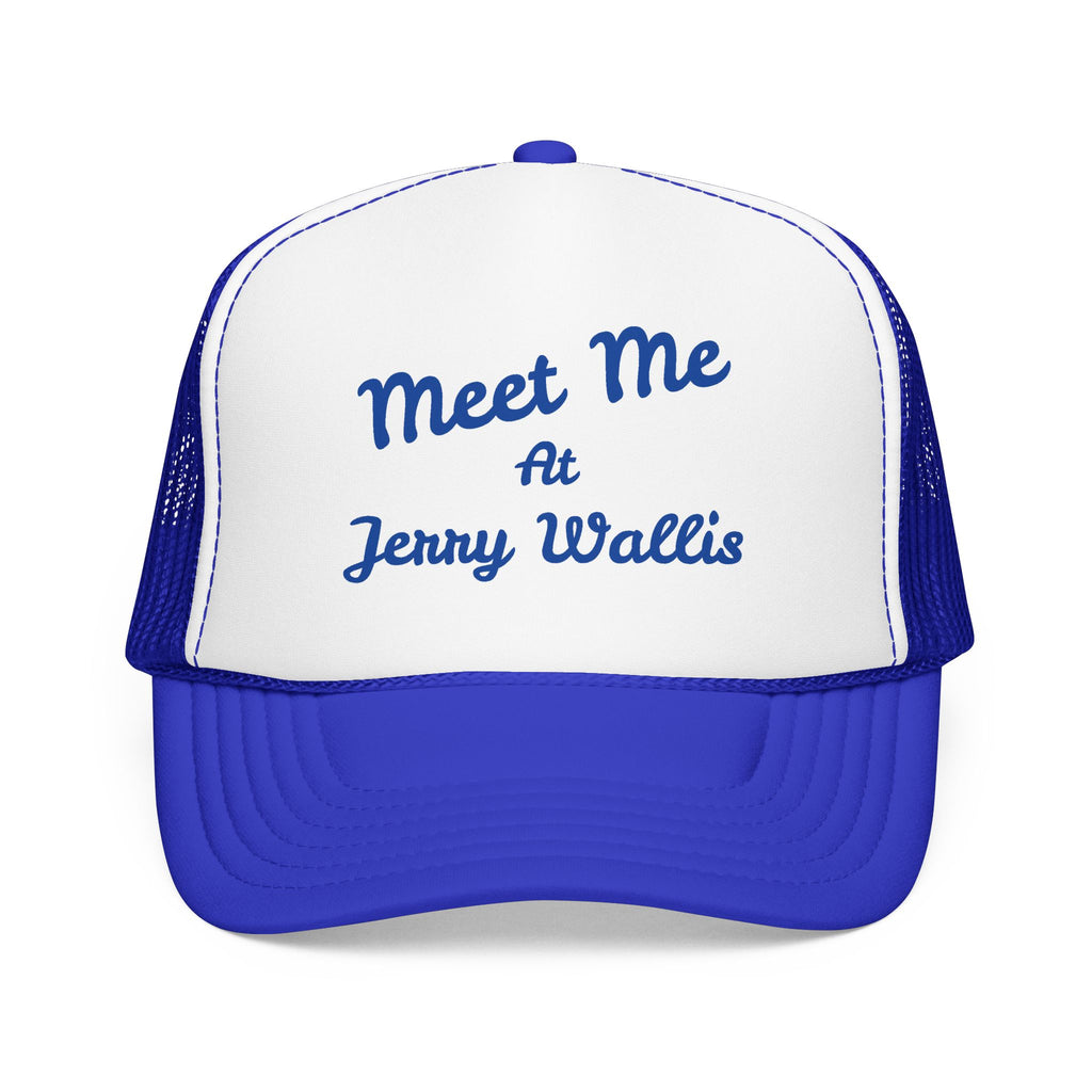 Meet Me At Jenny Wallis Foam Trucker Hat — Retro Script Mesh Cap