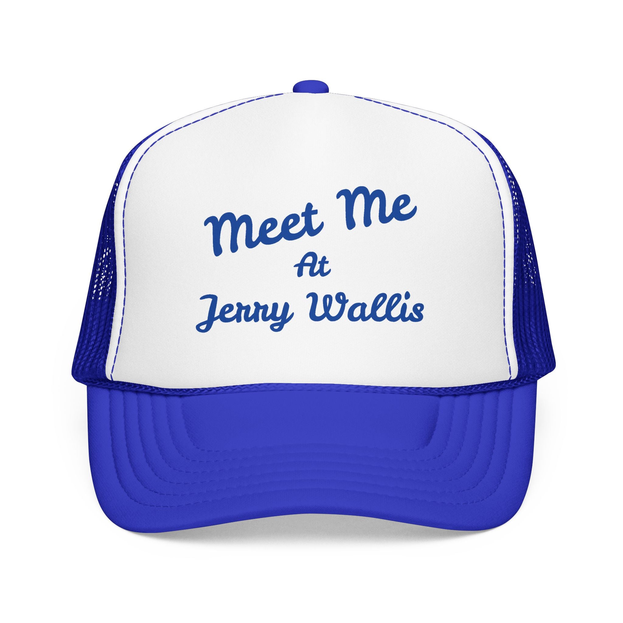Meet Me At Jenny Wallis Foam Trucker Hat — Retro Script Mesh Cap