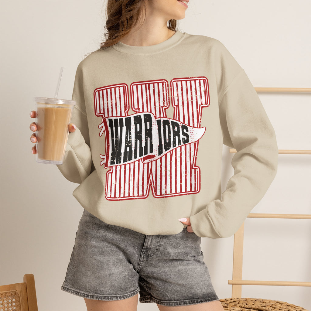 Warriors Crewneck Sweatshirt — Vintage Red Stripe School Spirit Pullover
