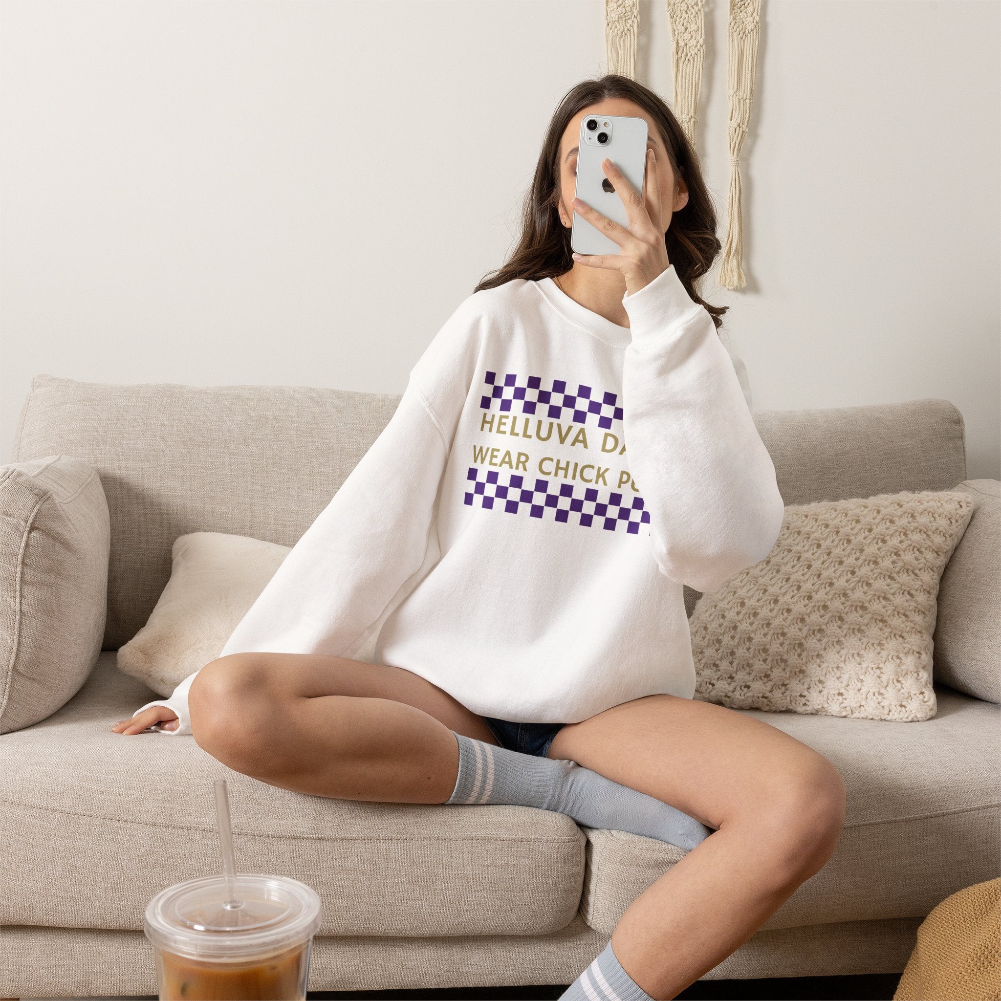 Helluva Day to Wear Chick Purple Checkerboard Graphic Sweatshirt