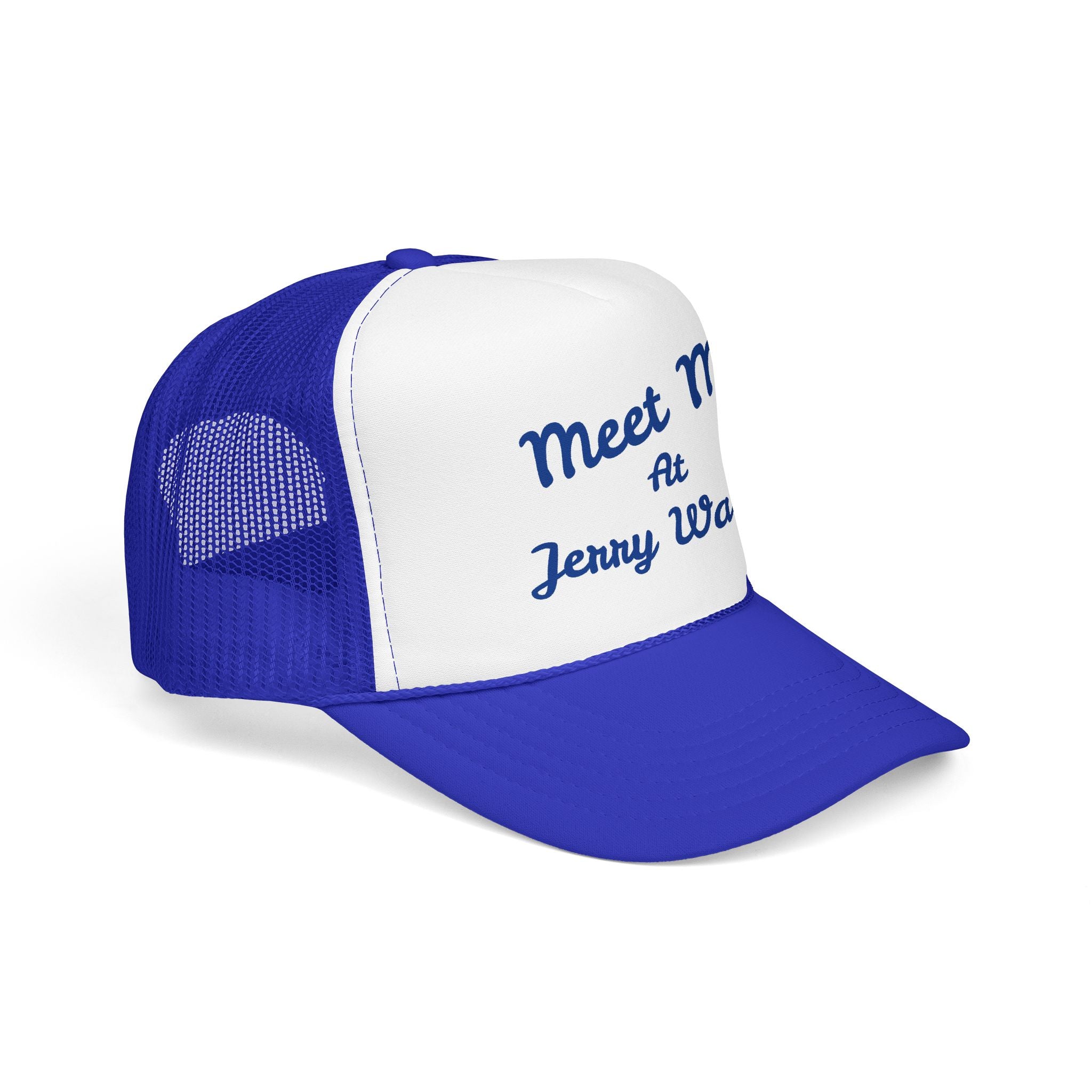 Meet Me At Jenny Wallis Foam Trucker Hat — Retro Script Mesh Cap
