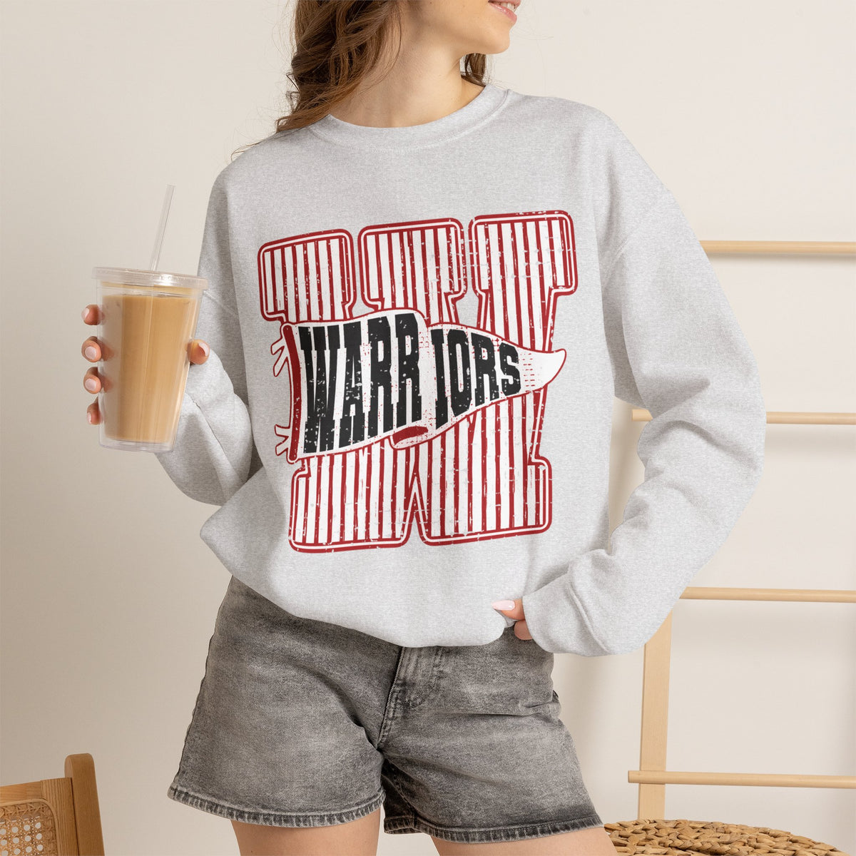Warriors Crewneck Sweatshirt — Vintage Red Stripe School Spirit Pullover