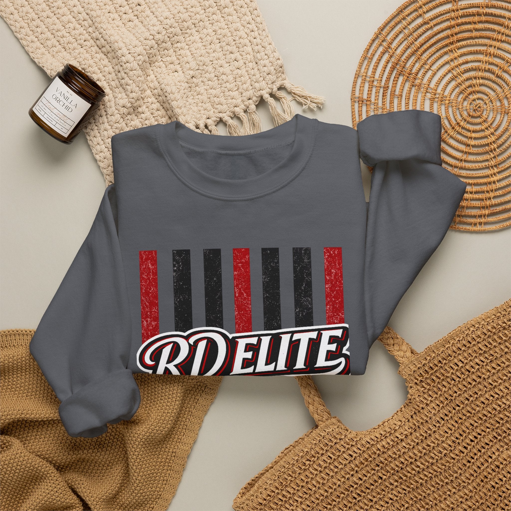 RD Elite Striped Crewneck Sweatshirt — Retro Red & Black Athletic Design