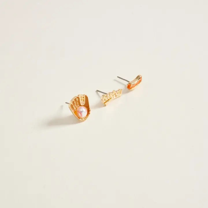 Baseball Glove Ball Hot Dog 3 Pair Earring Set
