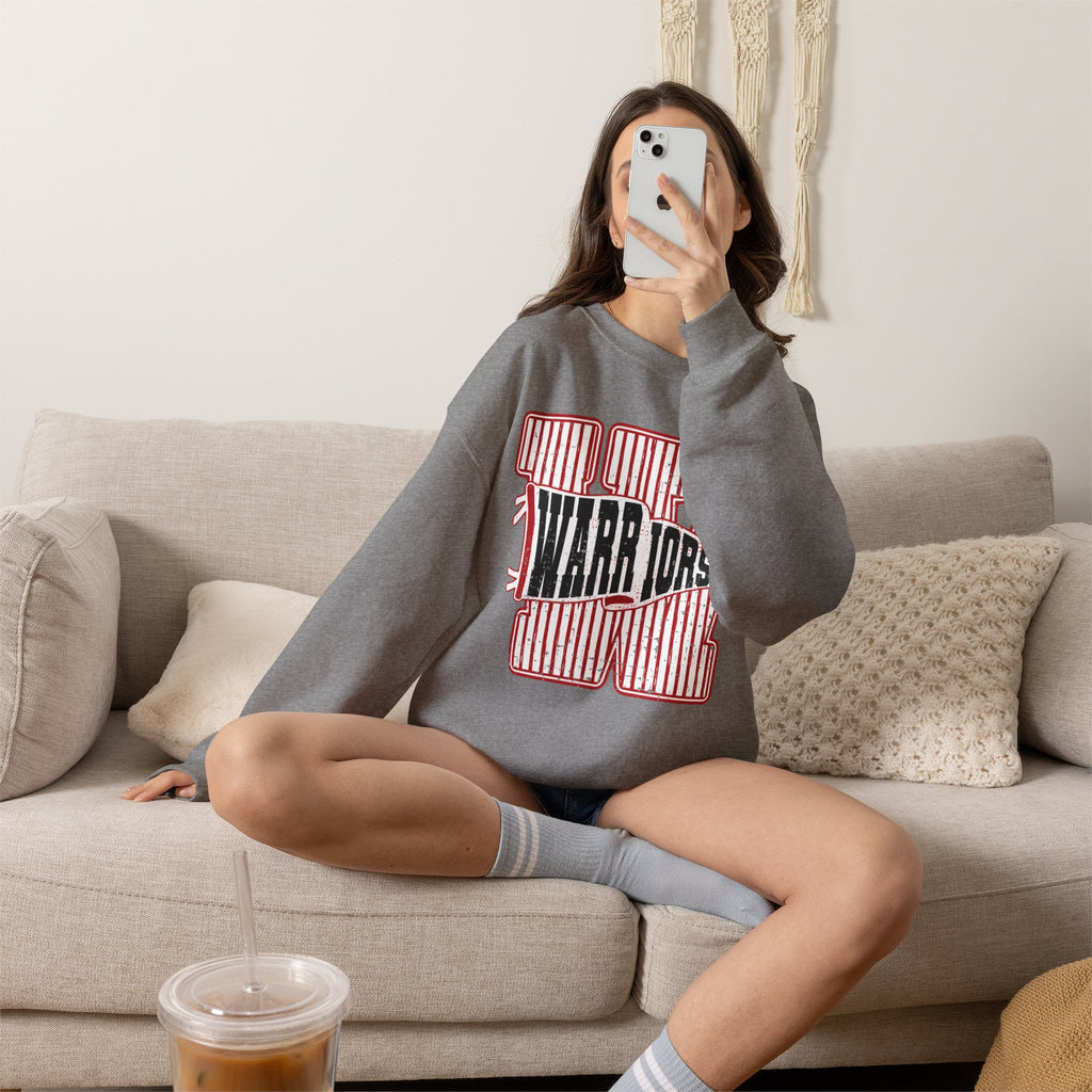 Warriors Crewneck Sweatshirt — Vintage Red Stripe School Spirit Pullover
