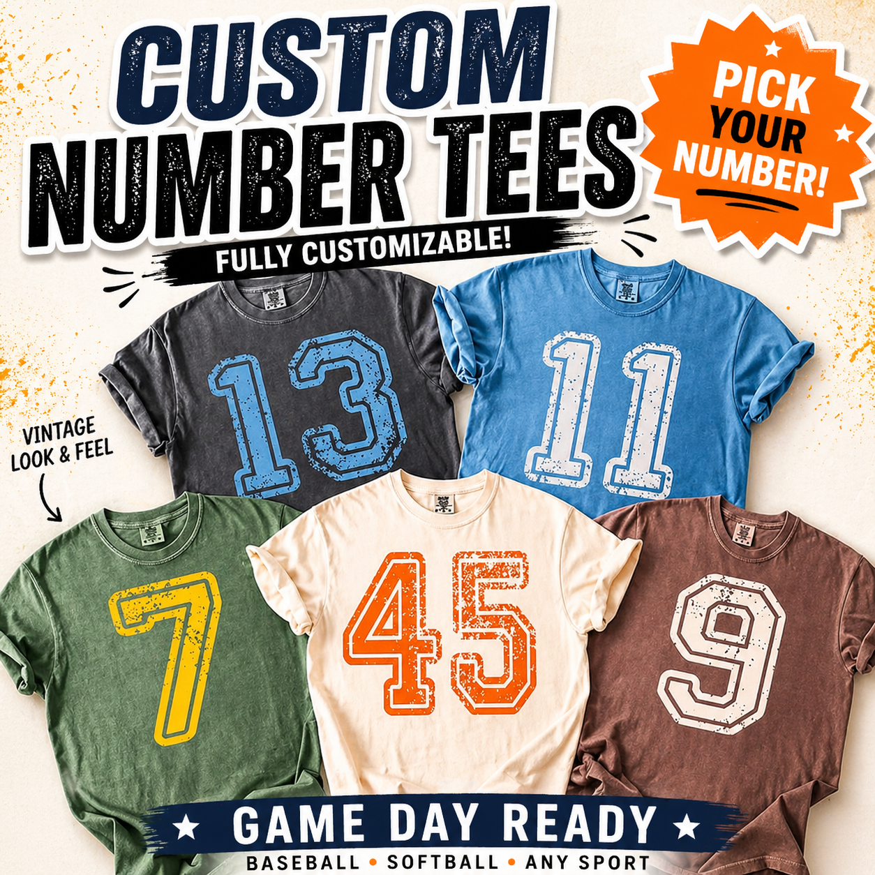 Custom Number Tees | Game Day Shirt | Vintage Sports Tee | Fully Customizable