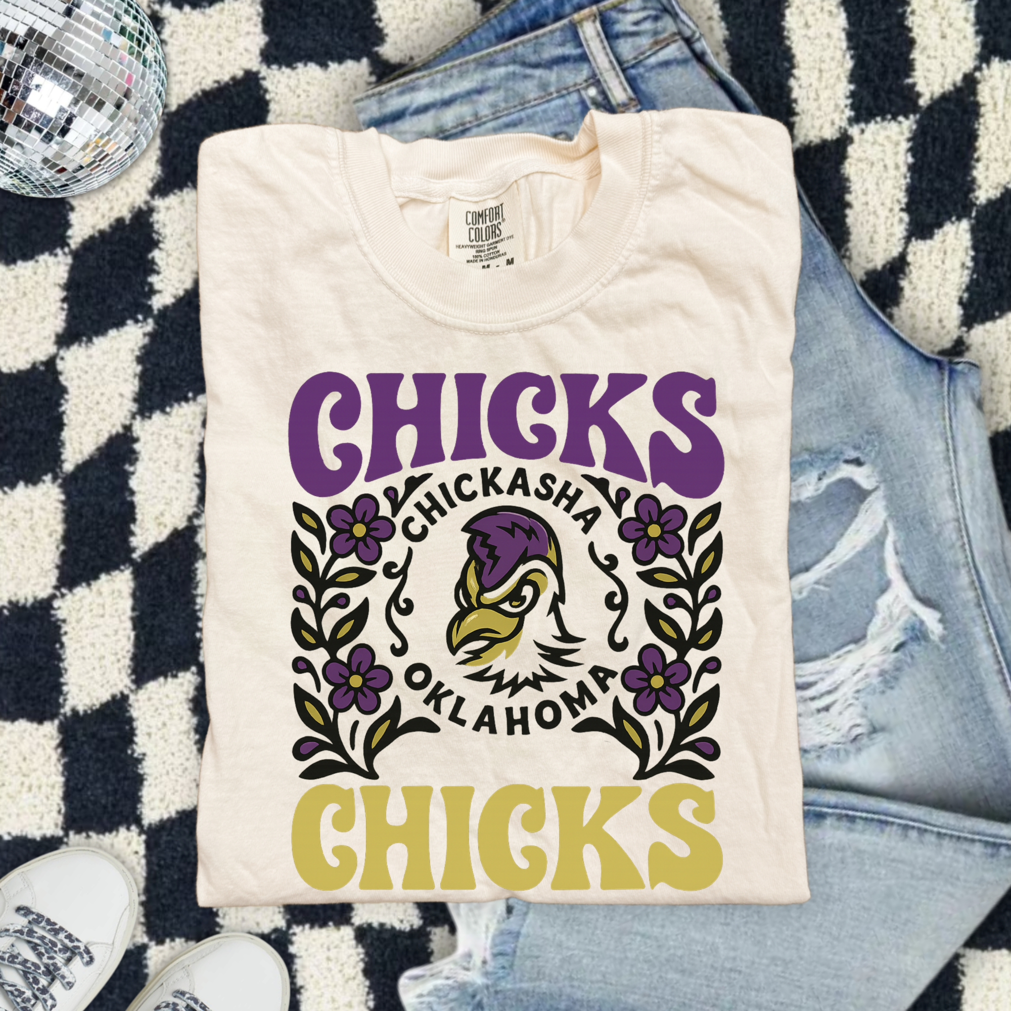 Chicks Chickasha Oklahoma Tee — Retro Floral Mascot T-Shirt
