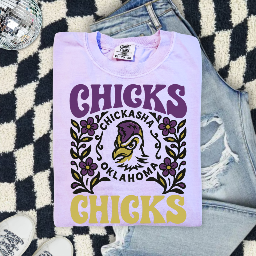 Chicks Chickasha Oklahoma Tee — Retro Floral Mascot T-Shirt