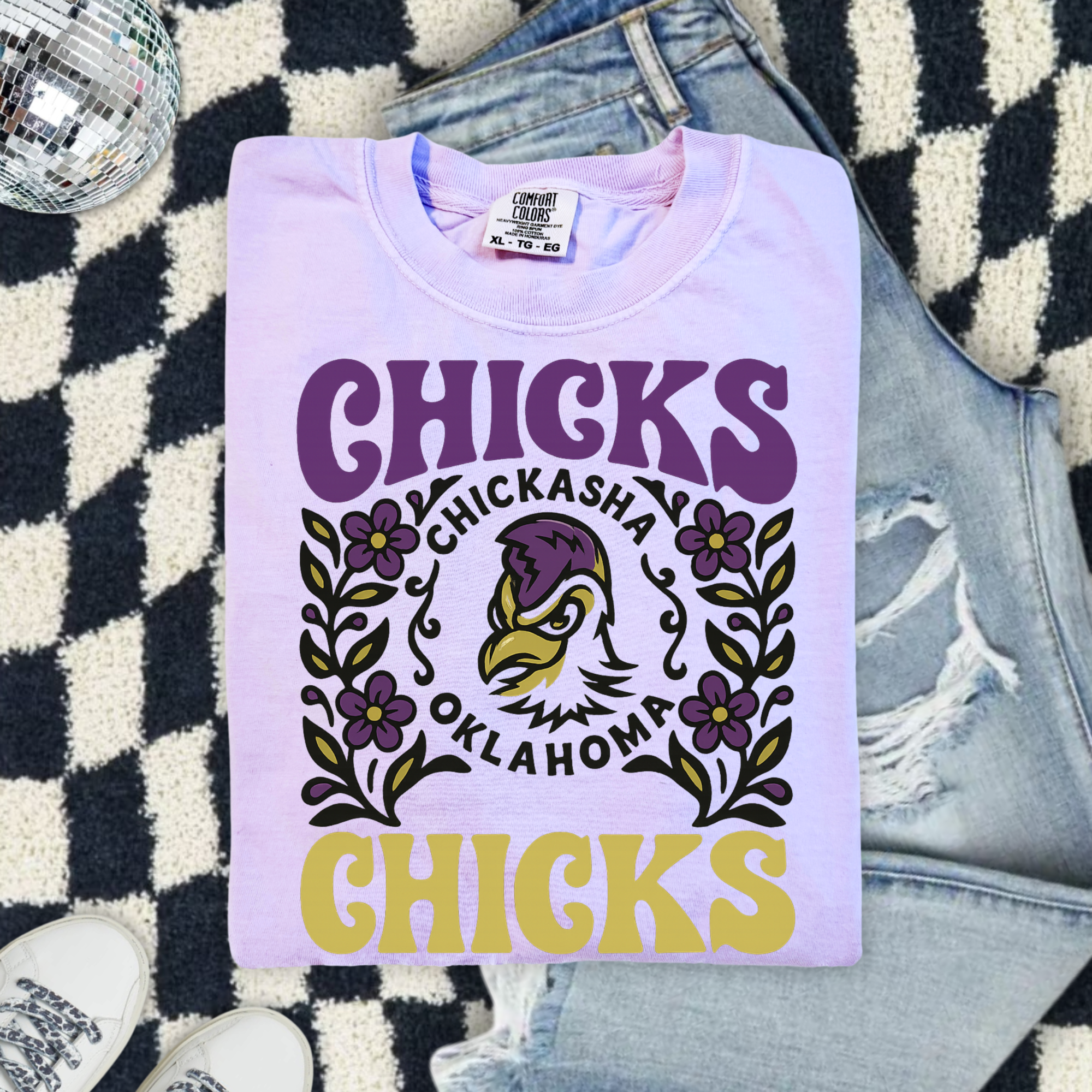 Chicks Chickasha Oklahoma Tee — Retro Floral Mascot T-Shirt