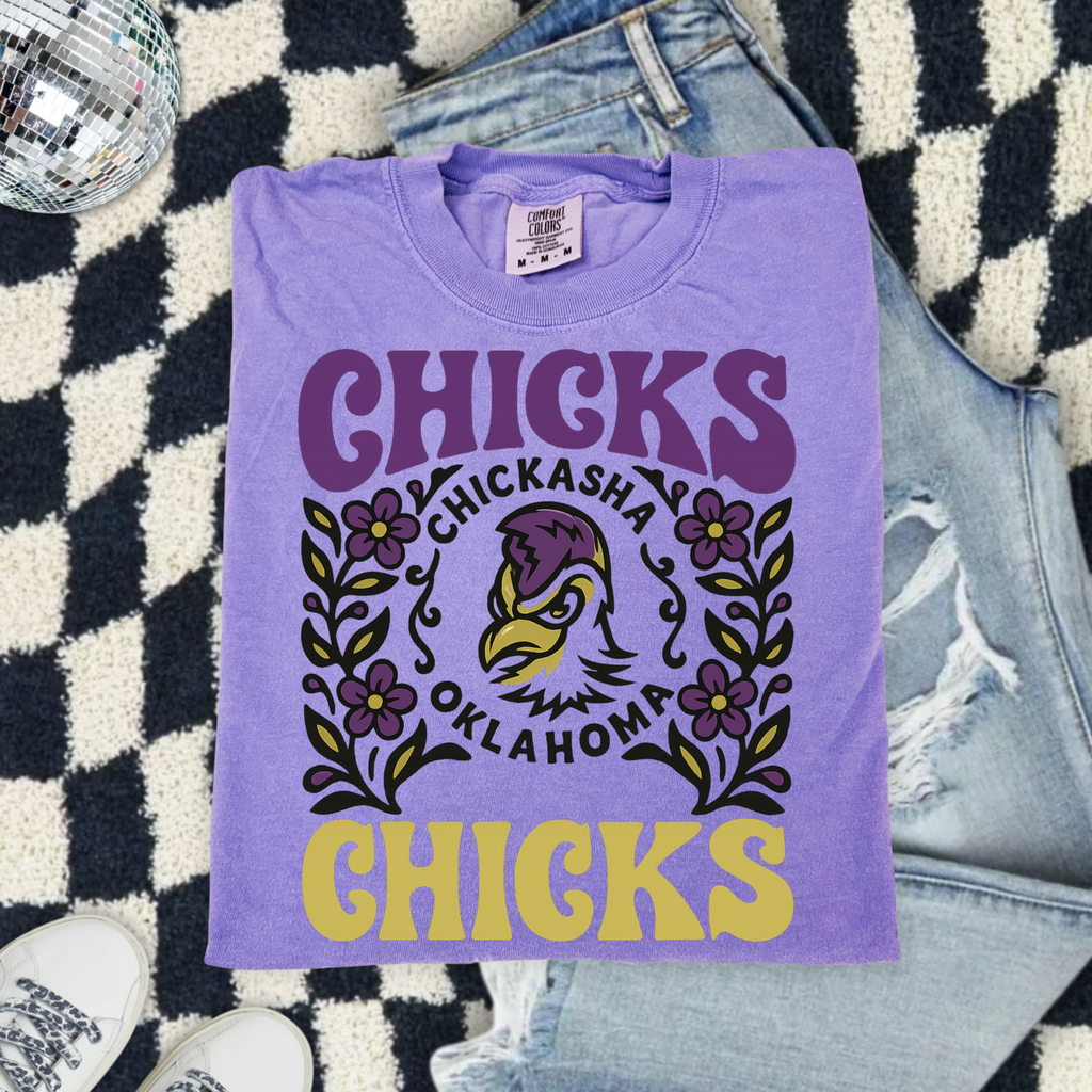 Chicks Chickasha Oklahoma Tee — Retro Floral Mascot T-Shirt