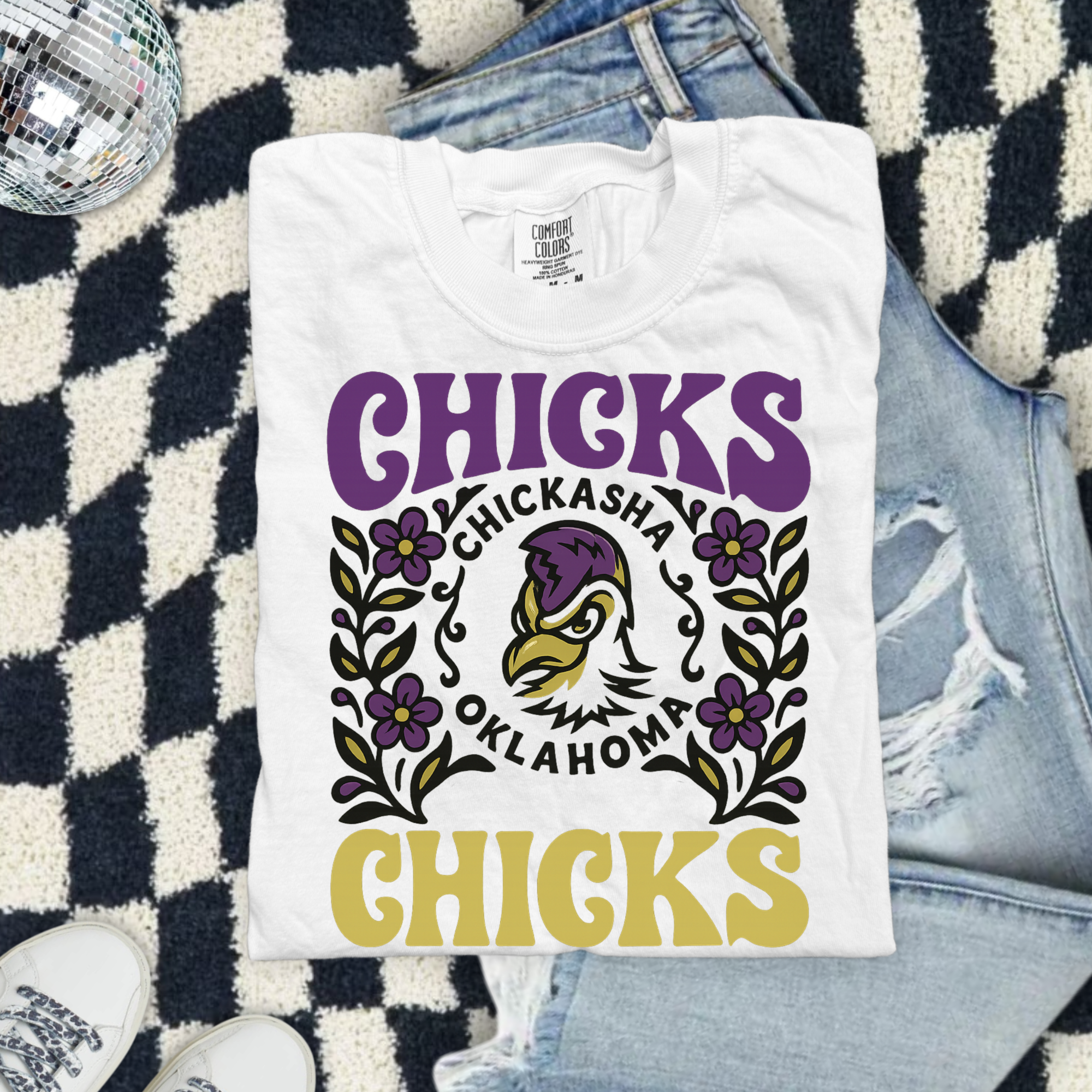 Chicks Chickasha Oklahoma Tee — Retro Floral Mascot T-Shirt