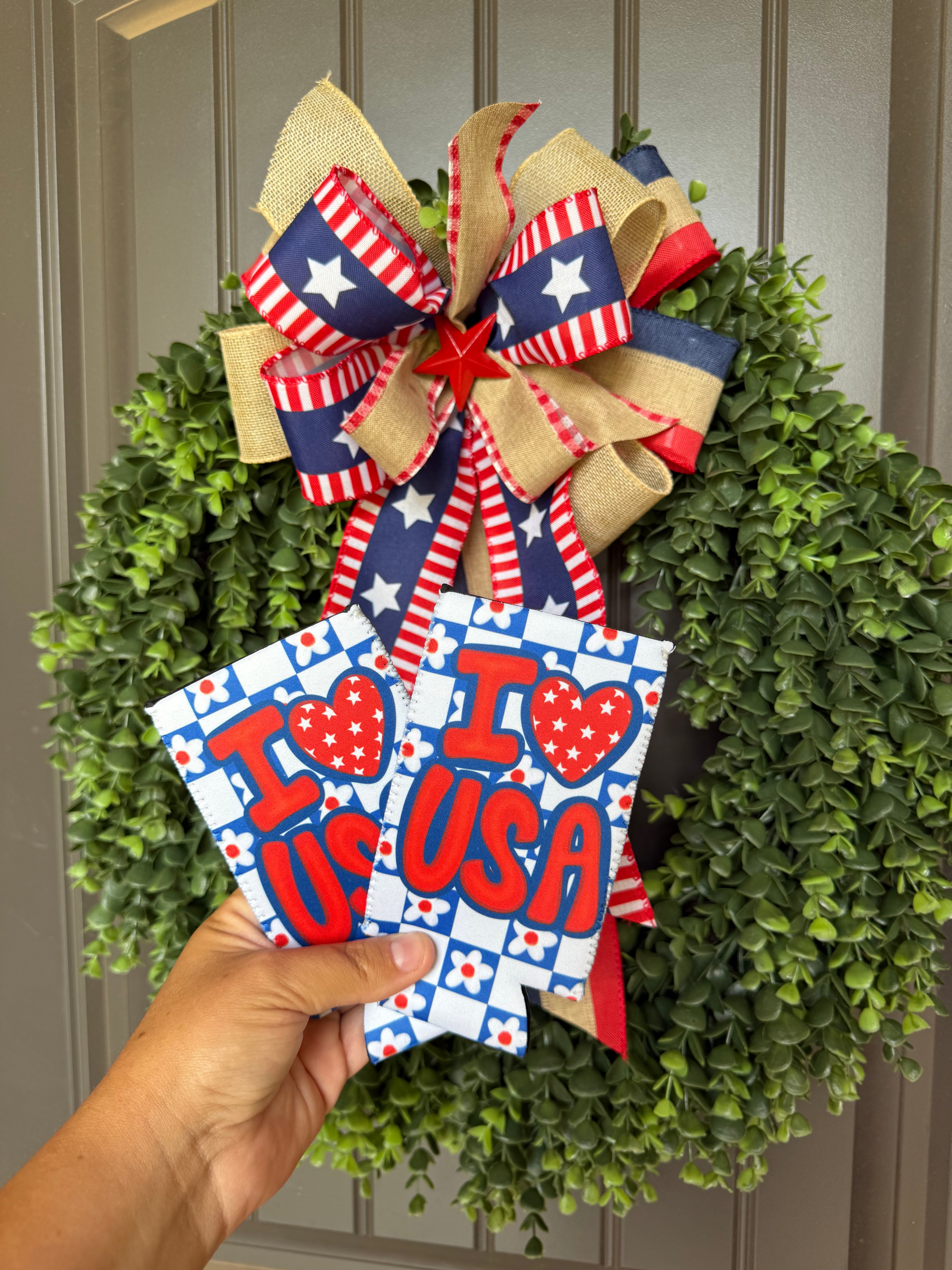 I Love USA Patriotic Slim Can Koozie | Red White & Blue Summer Drink Sleeve