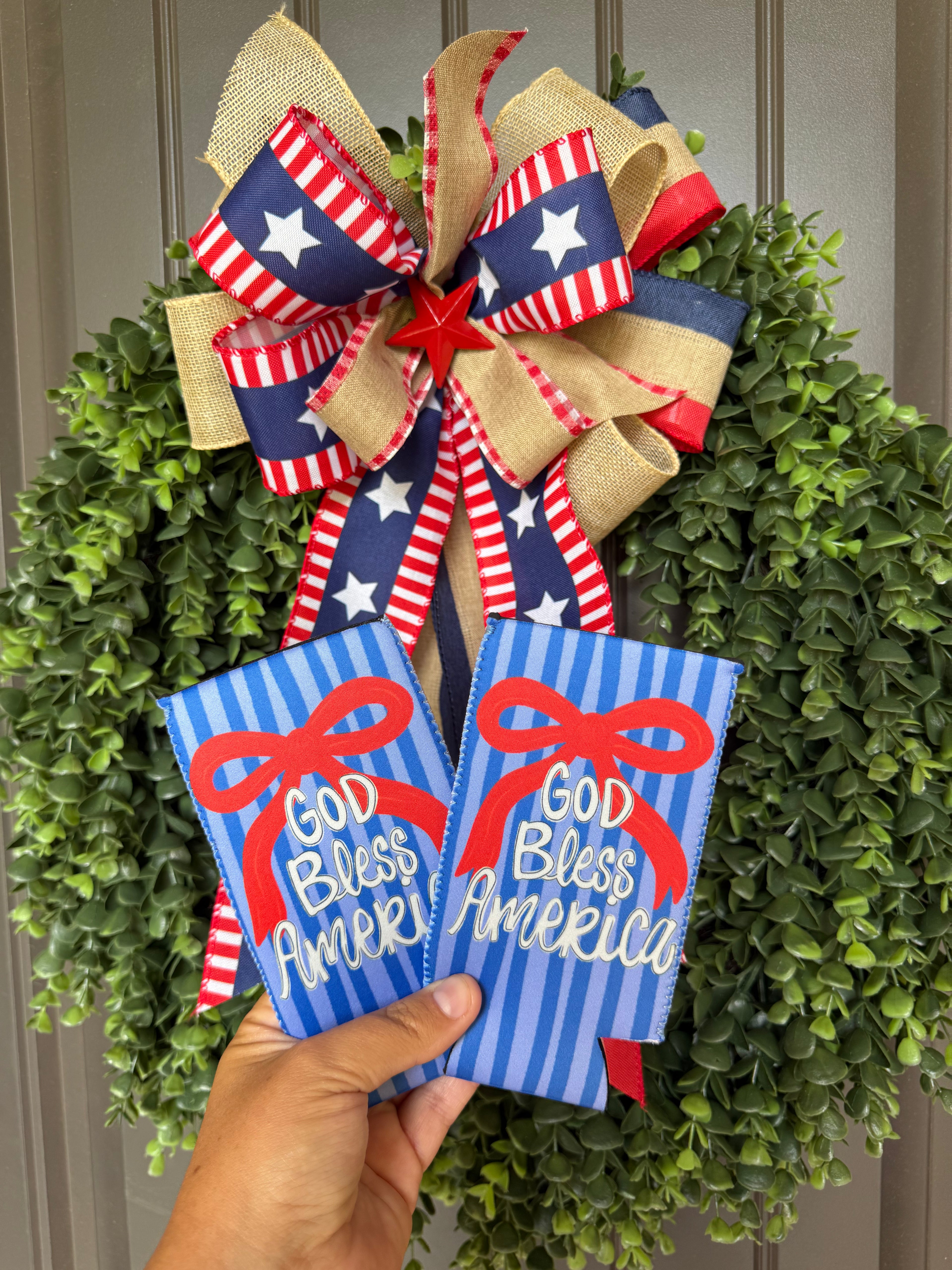 God Bless America Patriotic Slim Can Koozie | 4th of July Drink Sleeve