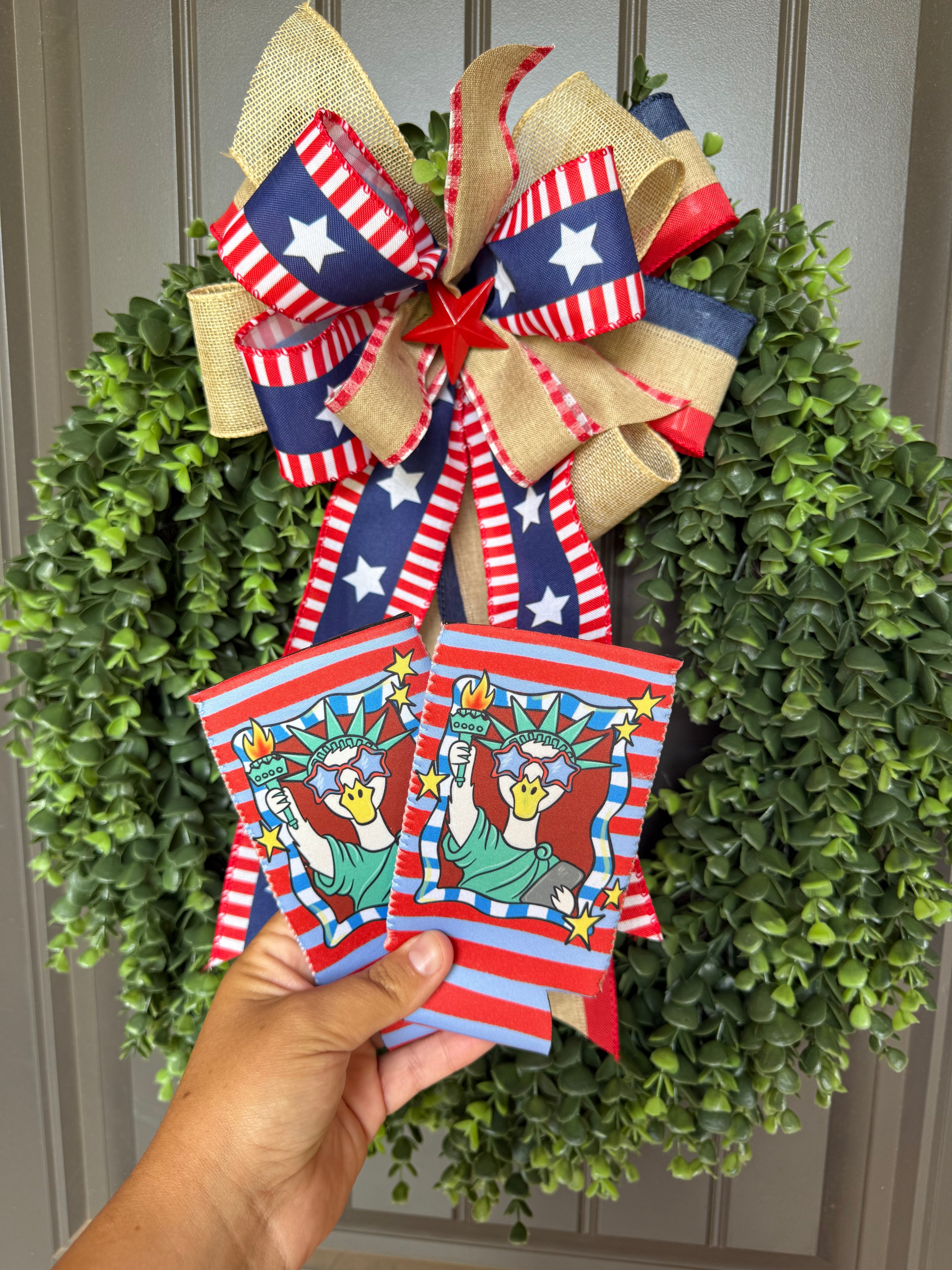 Patriotic Duck Slim Can Koozie | Statue of Liberty Duck 4th of July Drink Sleeve