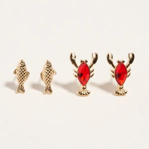 Sealife Beach Fish Lobster 2 Pair Earrings
