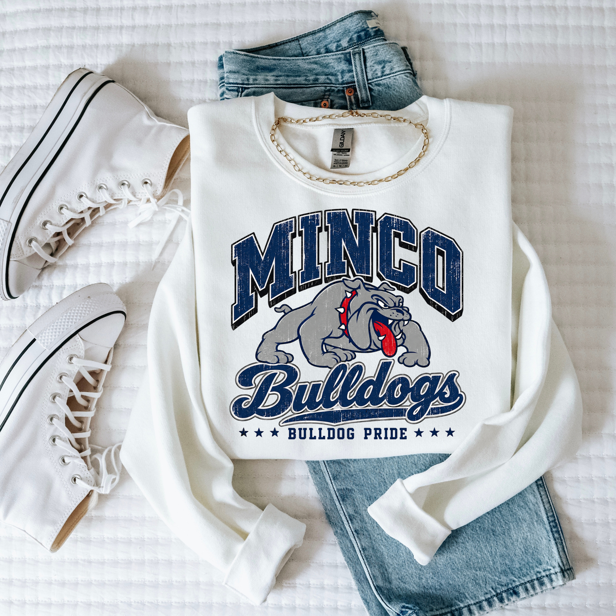 Minco Bulldogs Crewneck Sweatshirt — School Spirit Bulldog Pride Pullover