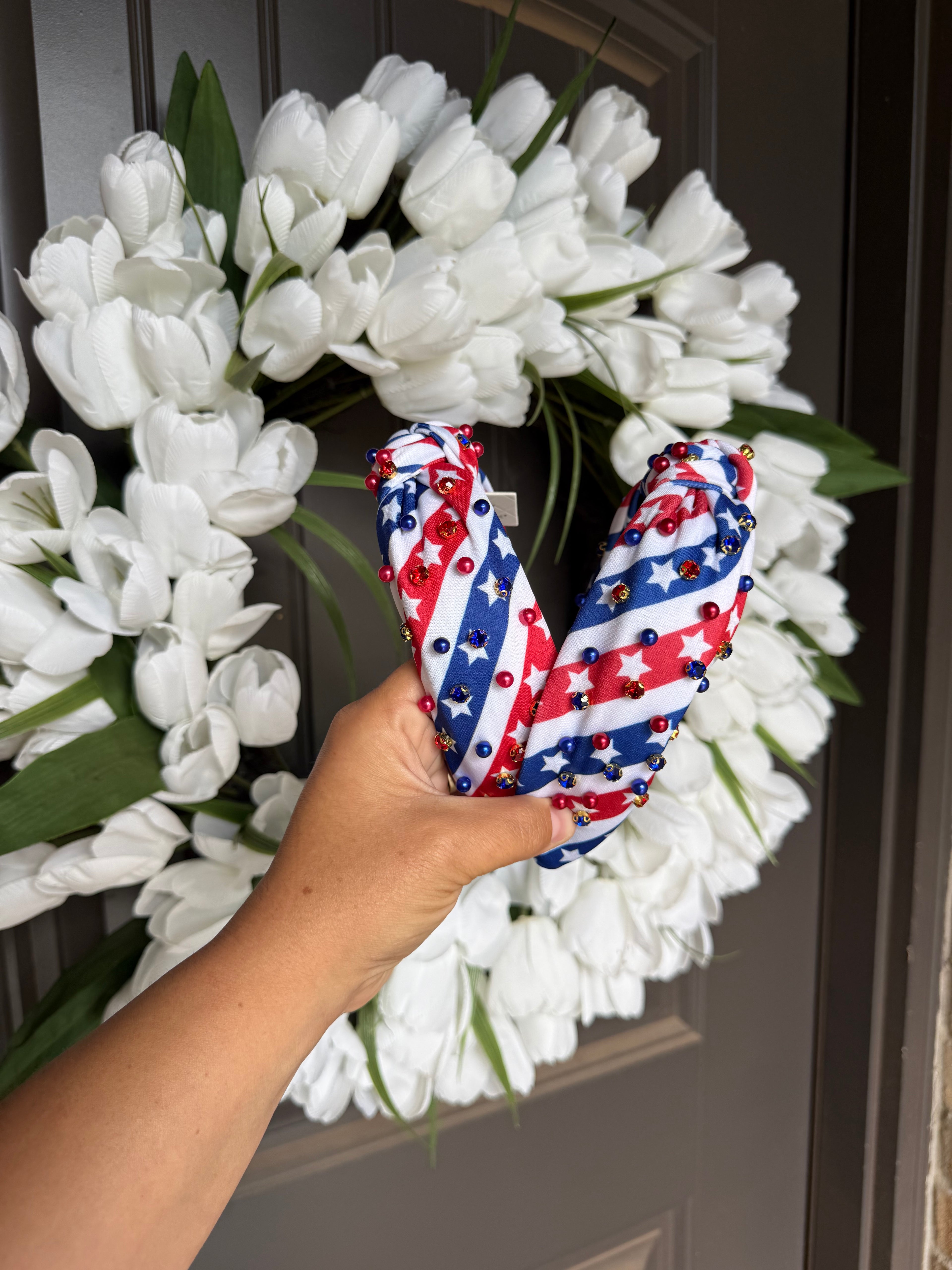 USA Rhinestone Knotted Headband | Patriotic Red White & Blue Statement Headband | Fourth of July Accessory