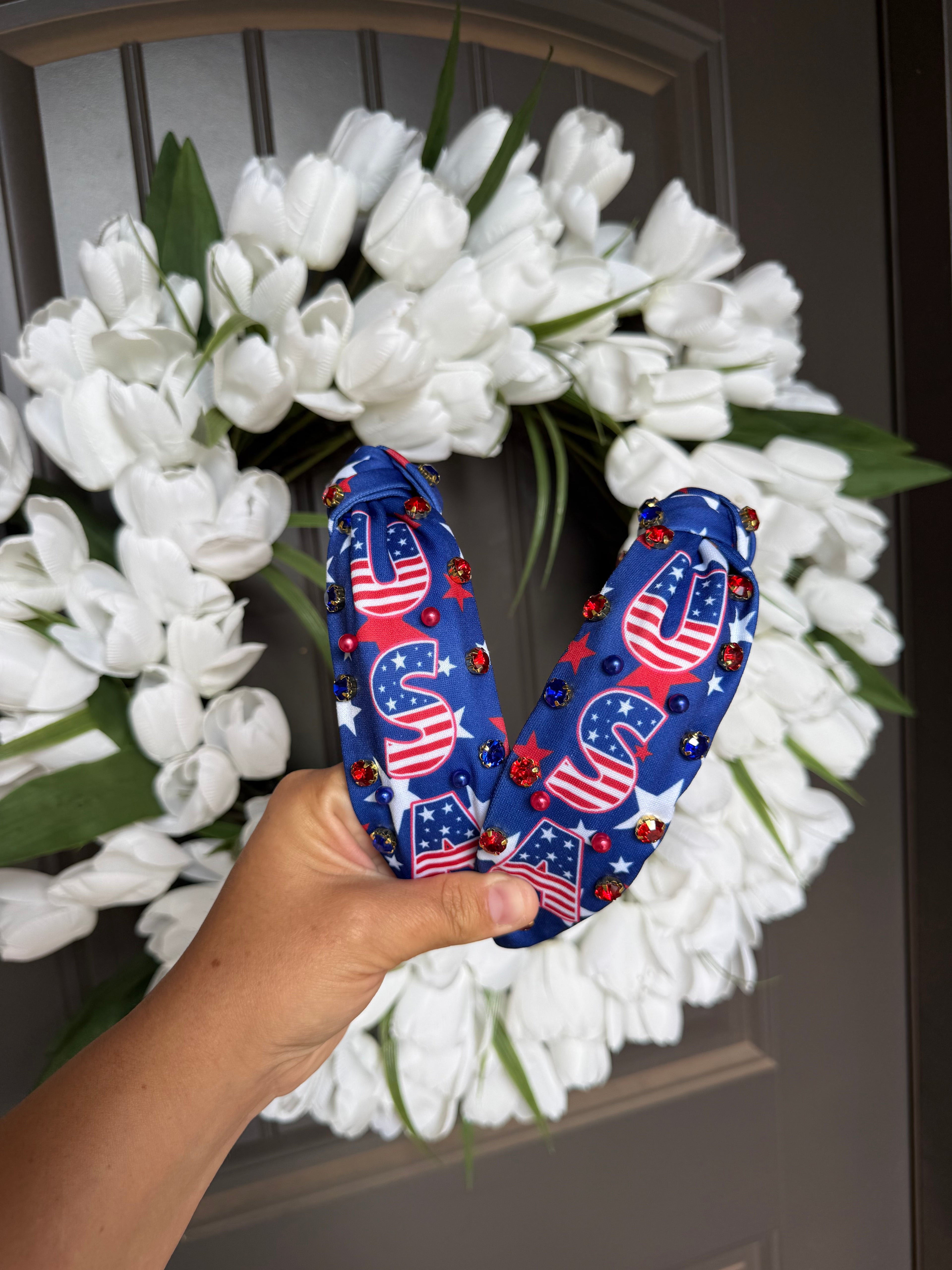 Patriotic Rhinestone Knotted Headband | USA Star Statement Headband | Red White & Blue Game Day Accessory