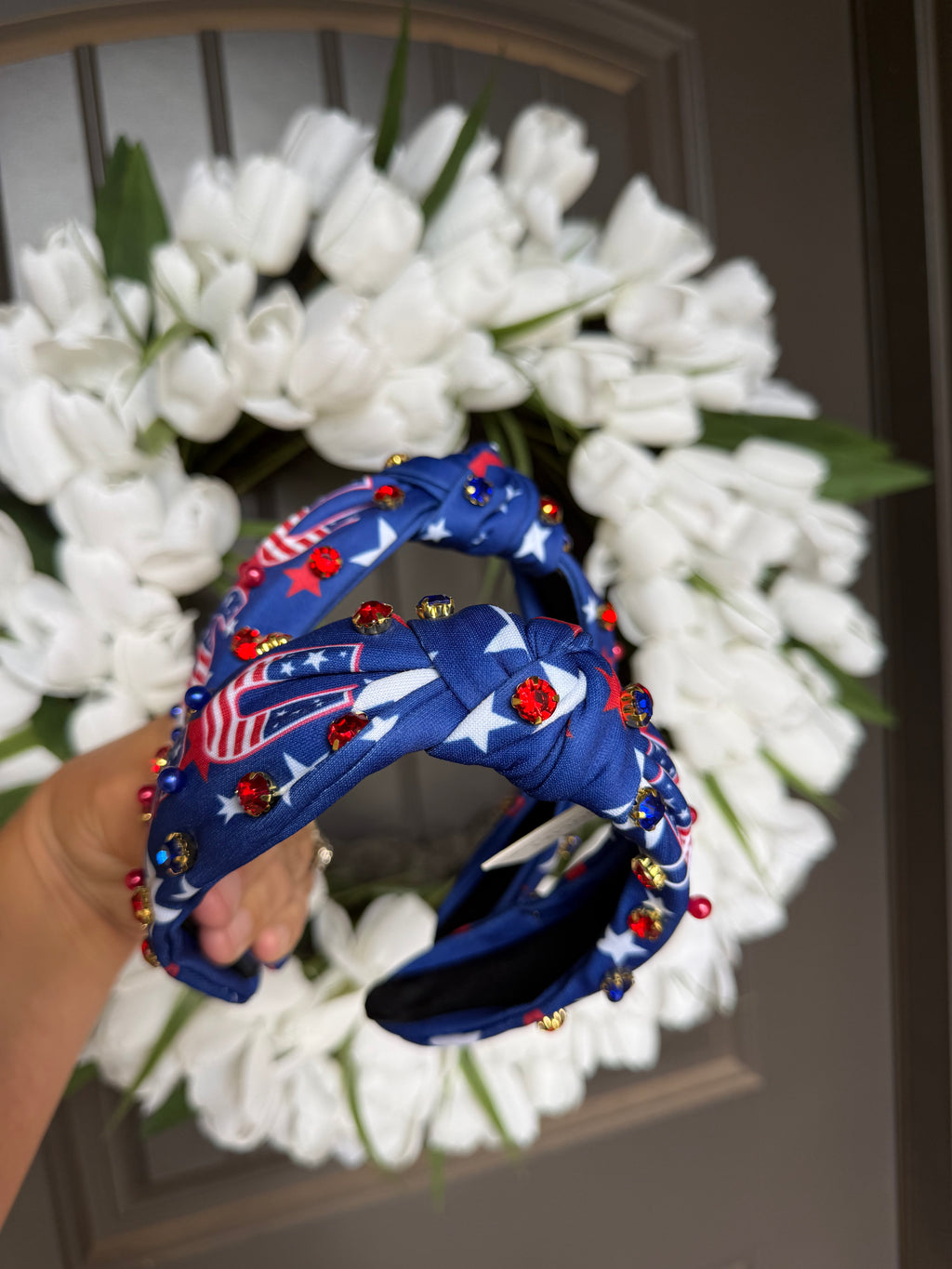 Patriotic Rhinestone Knotted Headband | USA Star Statement Headband | Red White & Blue Game Day Accessory