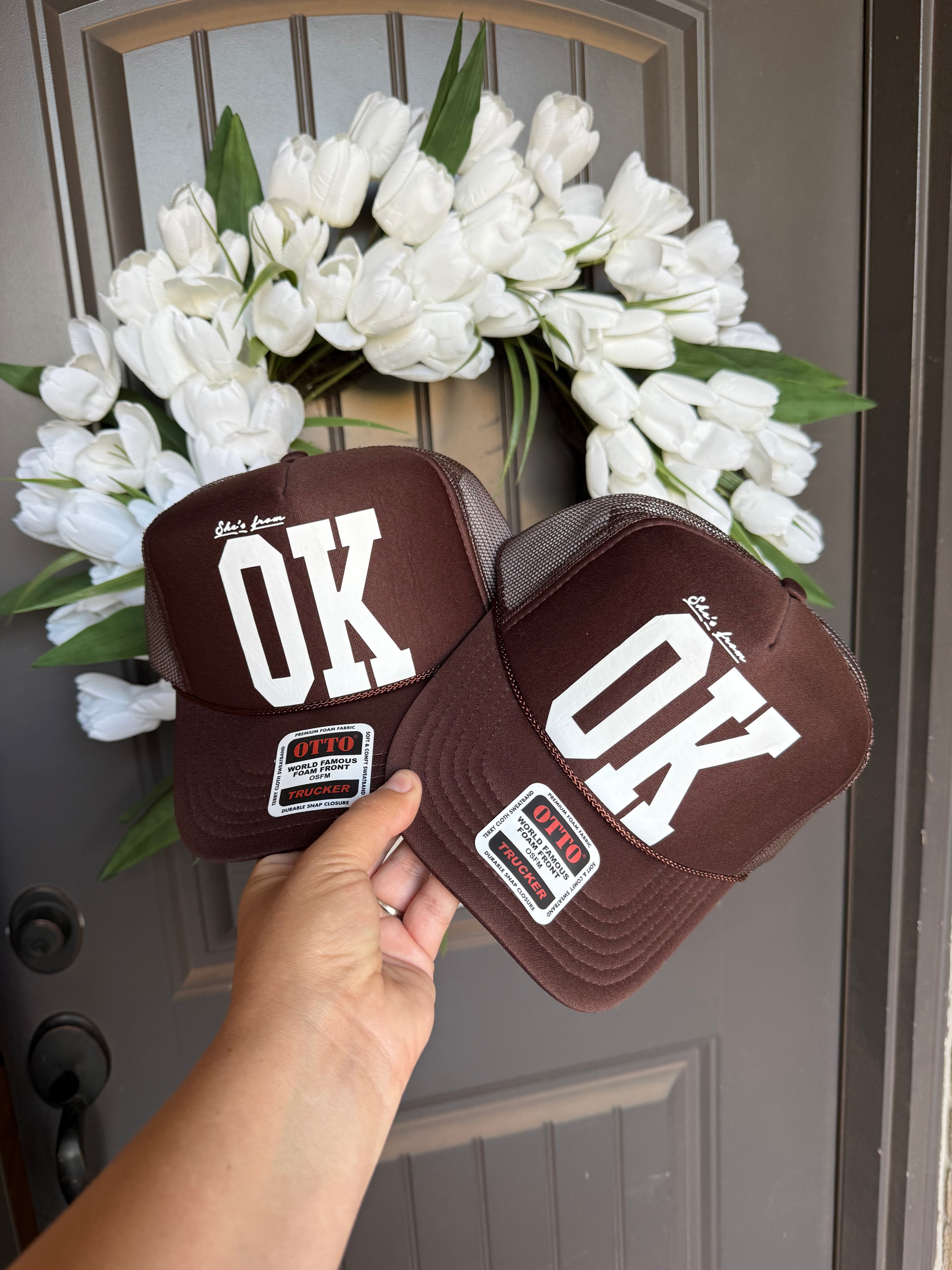 She's From OK Trucker Hat | Vintage Style Oklahoma Hat | Brown Foam Trucker | Game Day Hat | Sports Mom Hat