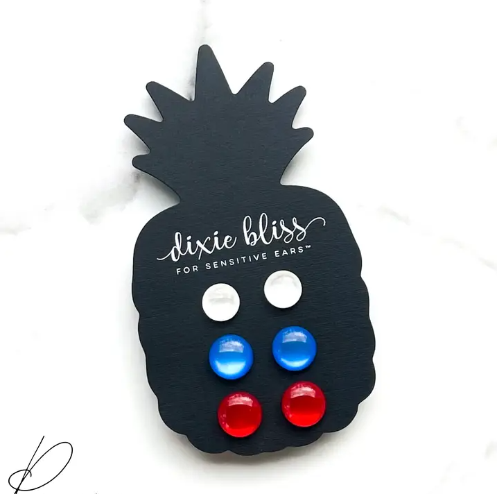 Patriotic Stud Earring Trio | Red White & Blue Cat Eye Earrings | Fourth of July Earrings | Americana Jewelry Set
